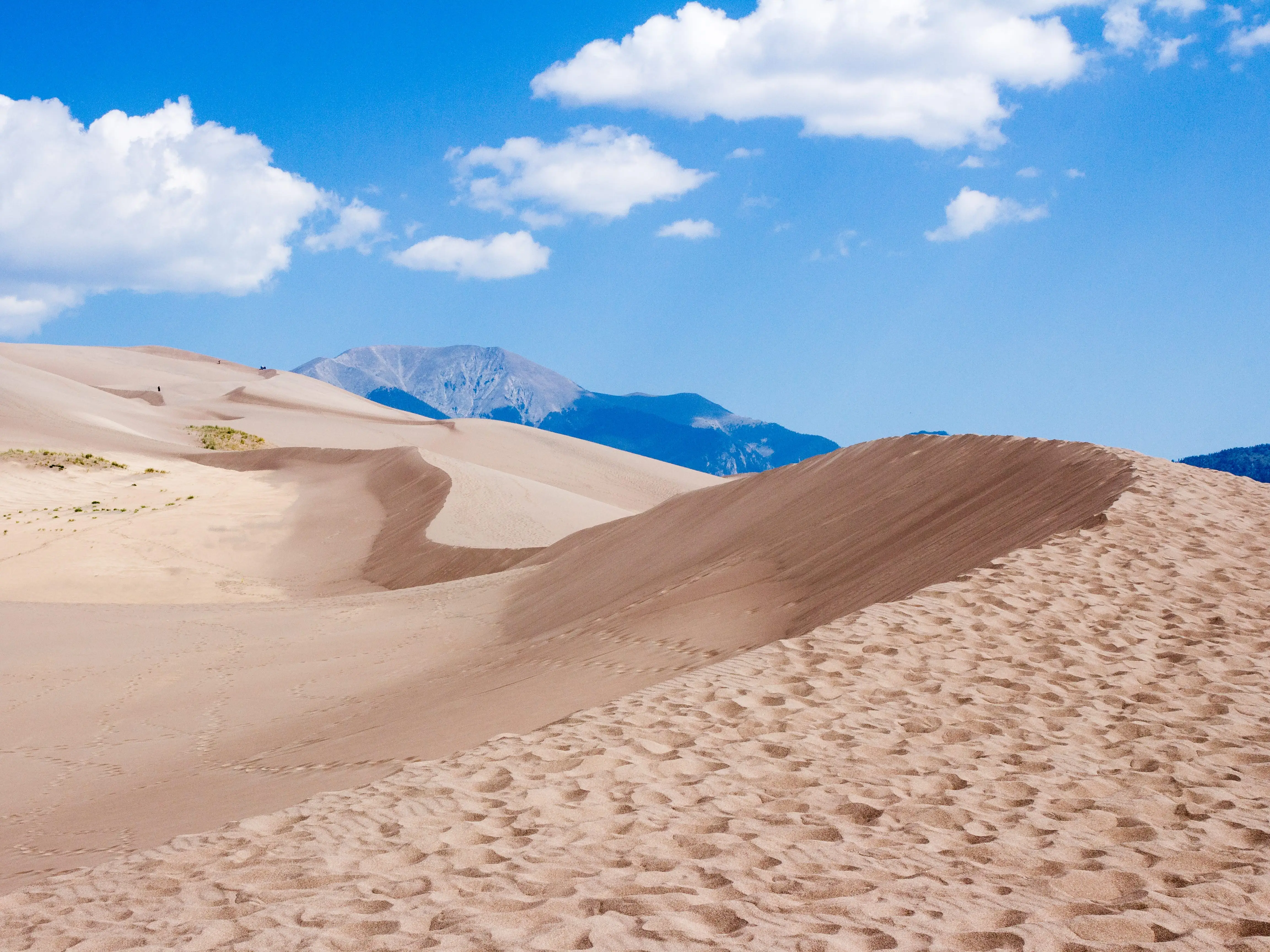 Sand dunes under a clear blue sky with distant mountains.