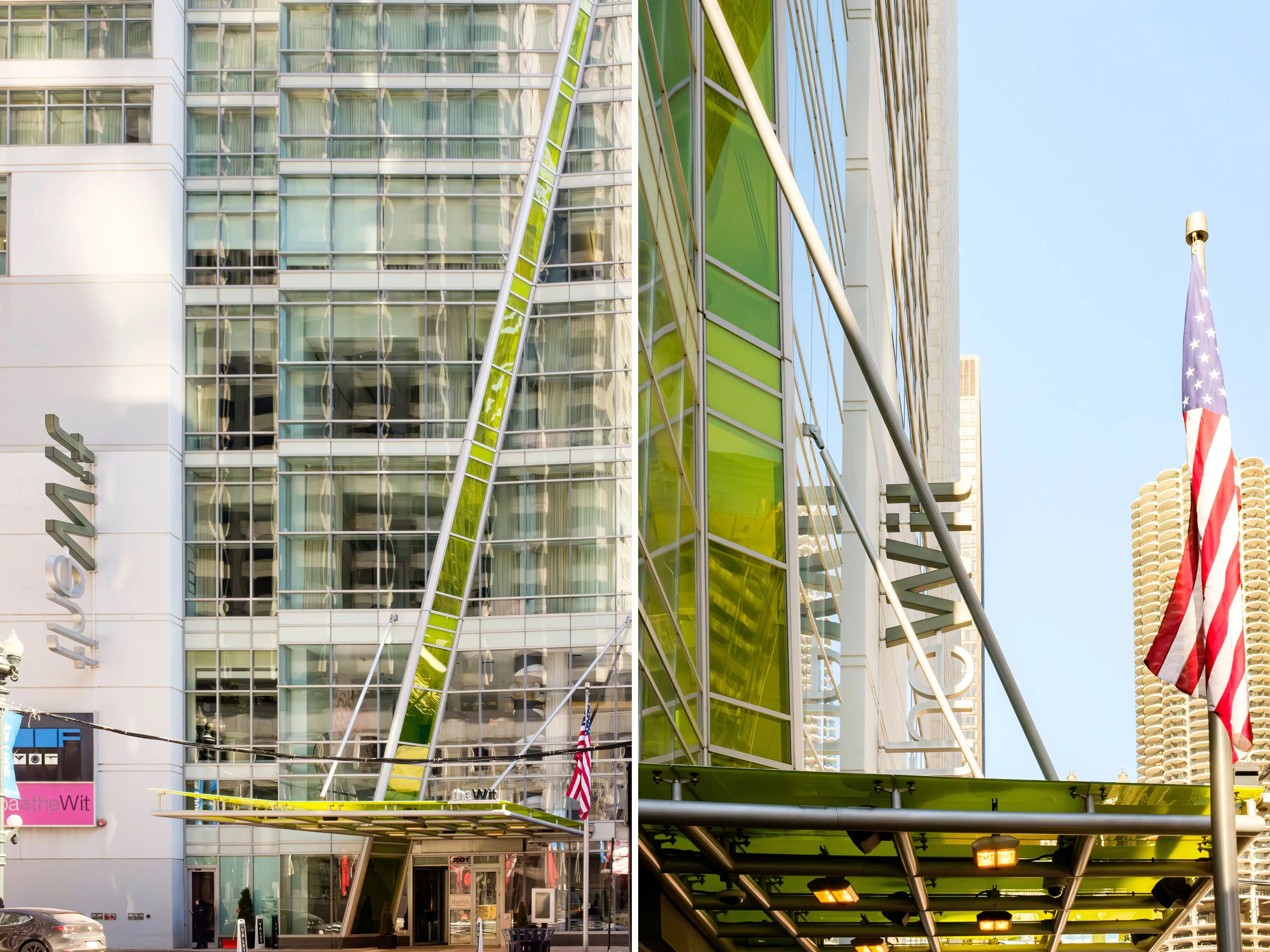 A composite image of the exterior of the Wit from the front and the side of the building