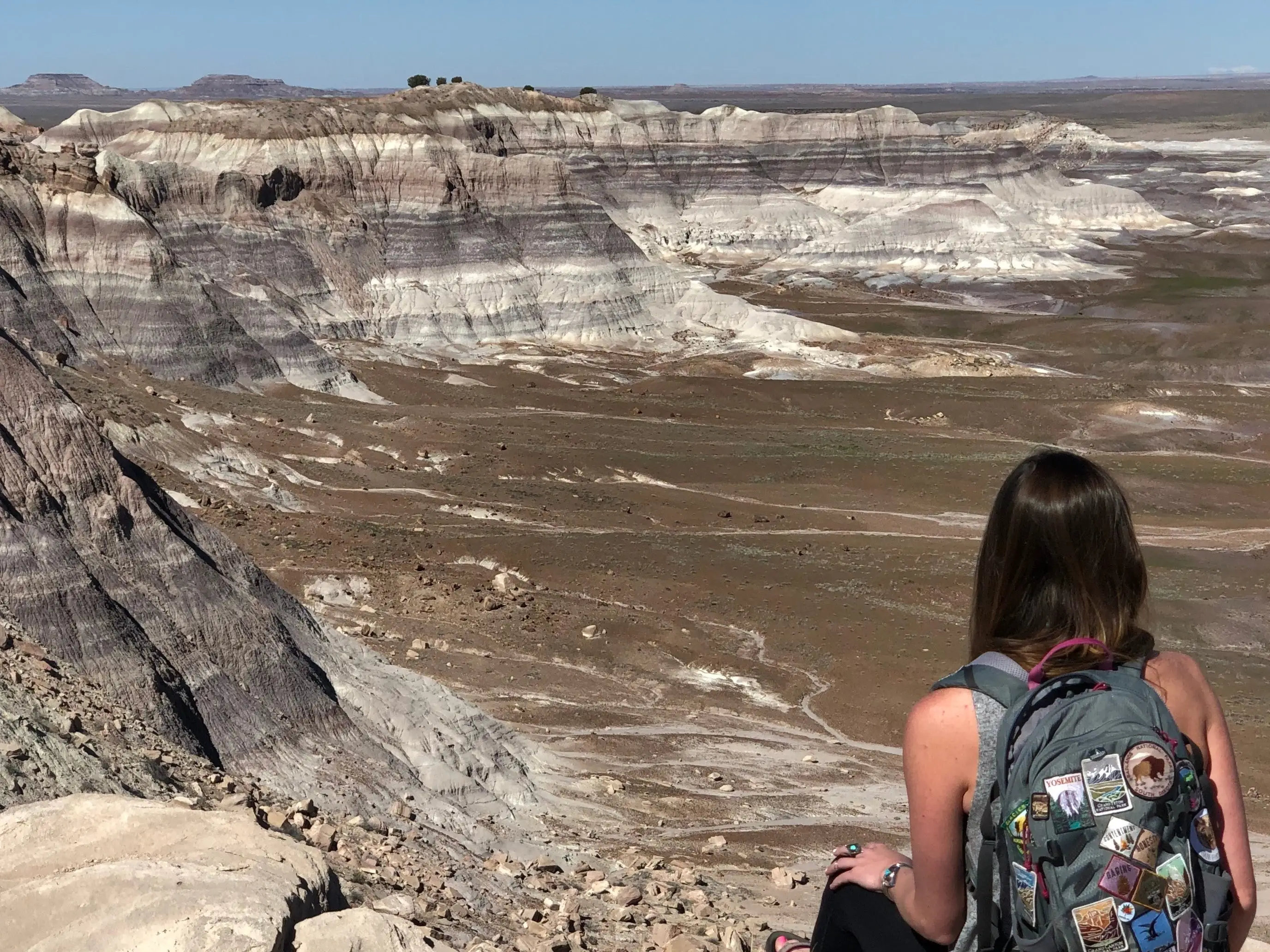 Emily, wearing a patch-covered backpack, sits on a rocky ledge overlooking a desert landscape of layered, striped cliffs.