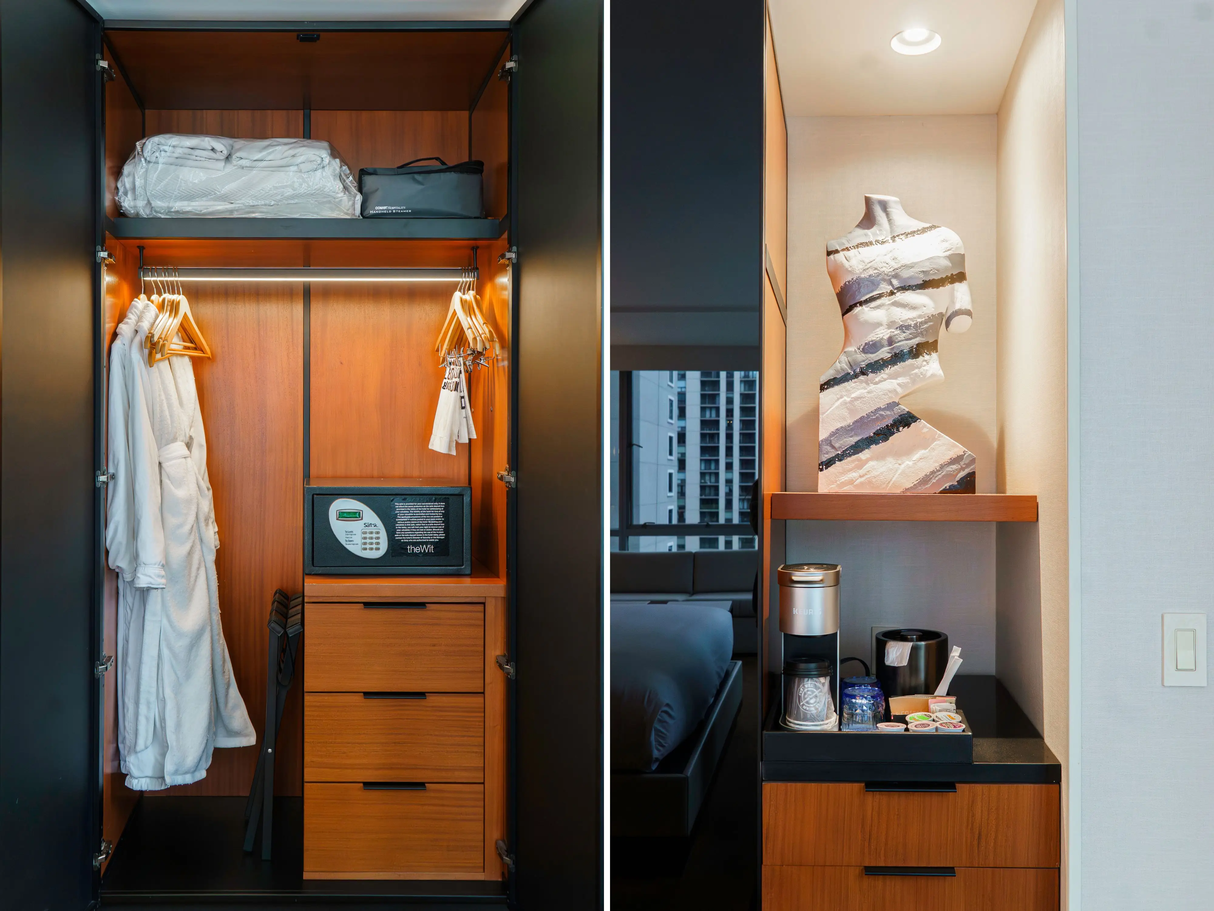 A composite image of the inside of a hotel closet with two hanging robes and a coffee station below a sculpture of a torso