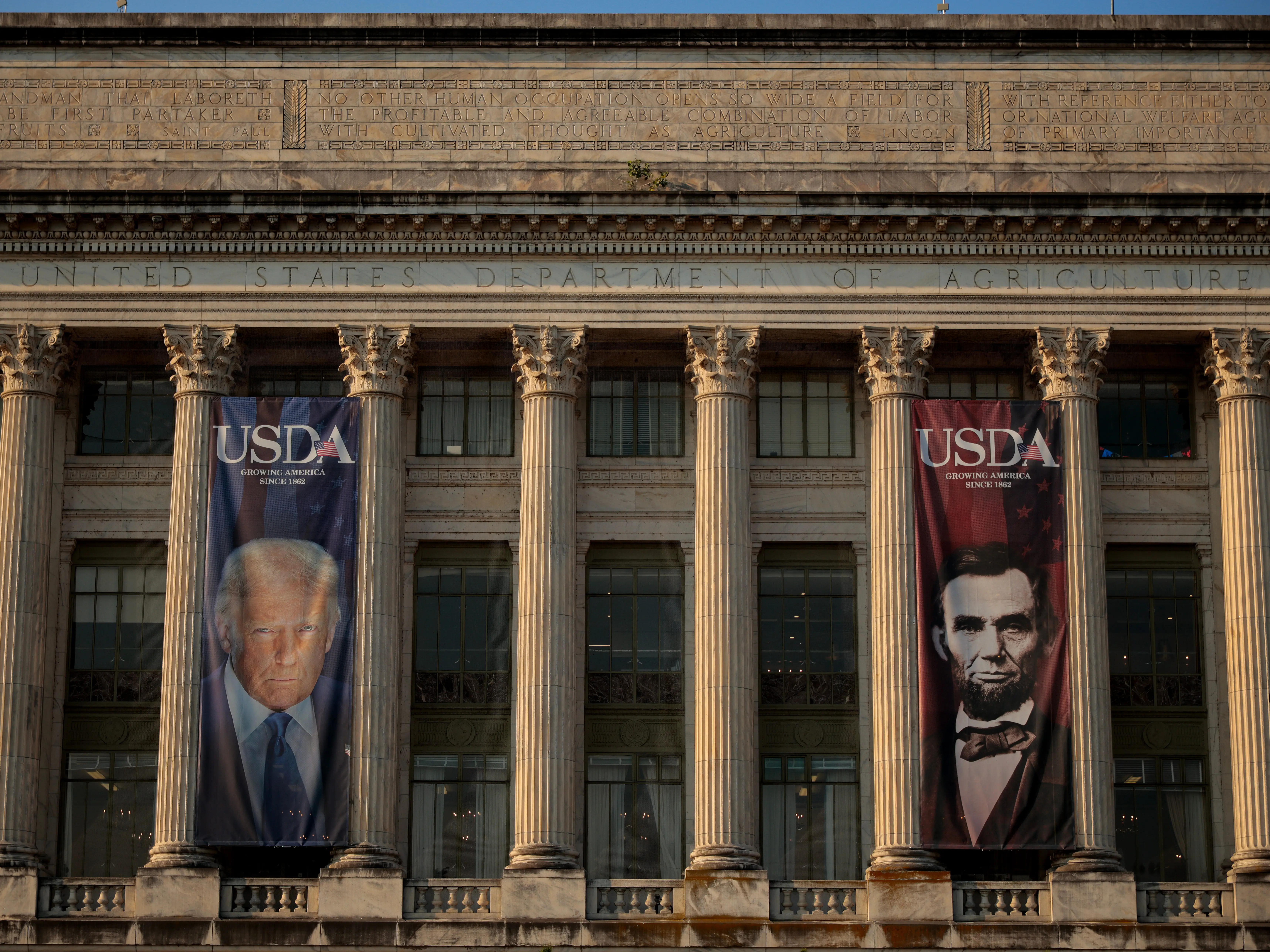 US Department of Agriculture building with Trump banner