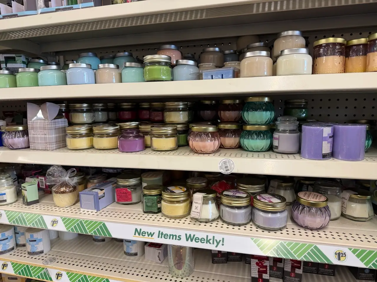Candles on shelves at Dollar Tree