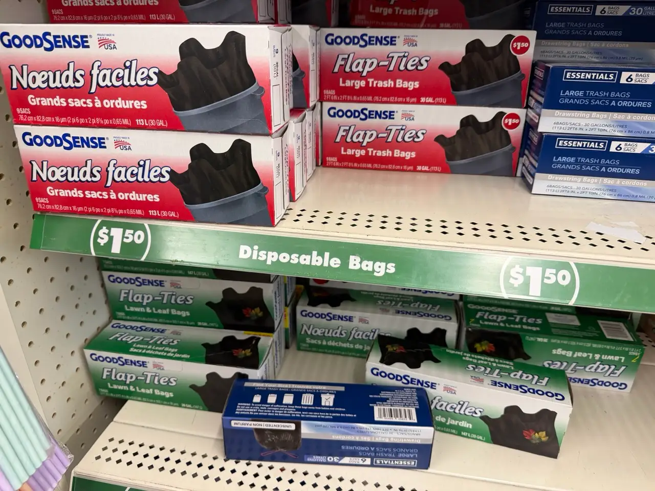 Trash bags on shelf at Dollar Tree