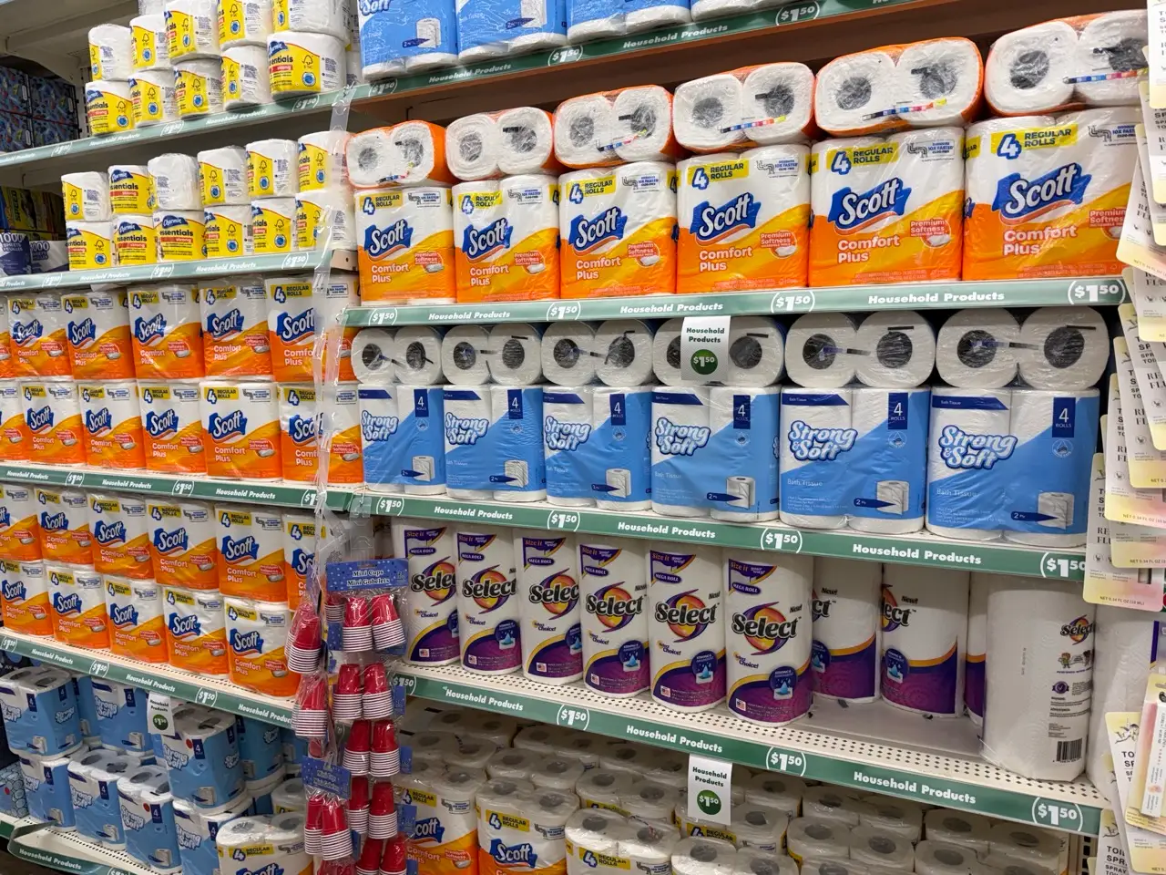 Paper towel rolls on display at Dollar Tree