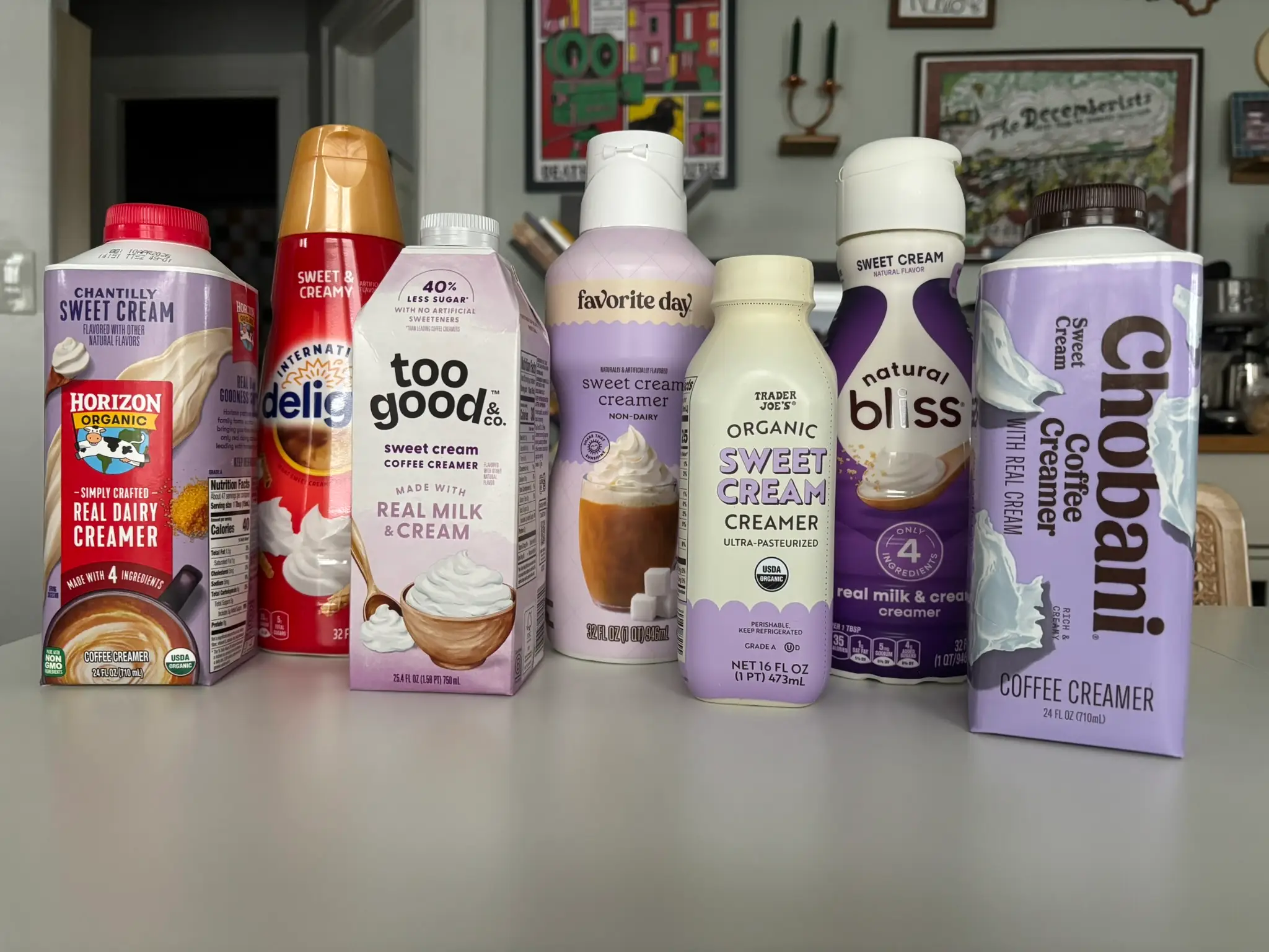 Sweet cream coffee creamers from Horizon, International Delight, Too Good & Co, Favorite Day, Trader Joe's, Natural Bliss, and Chobani