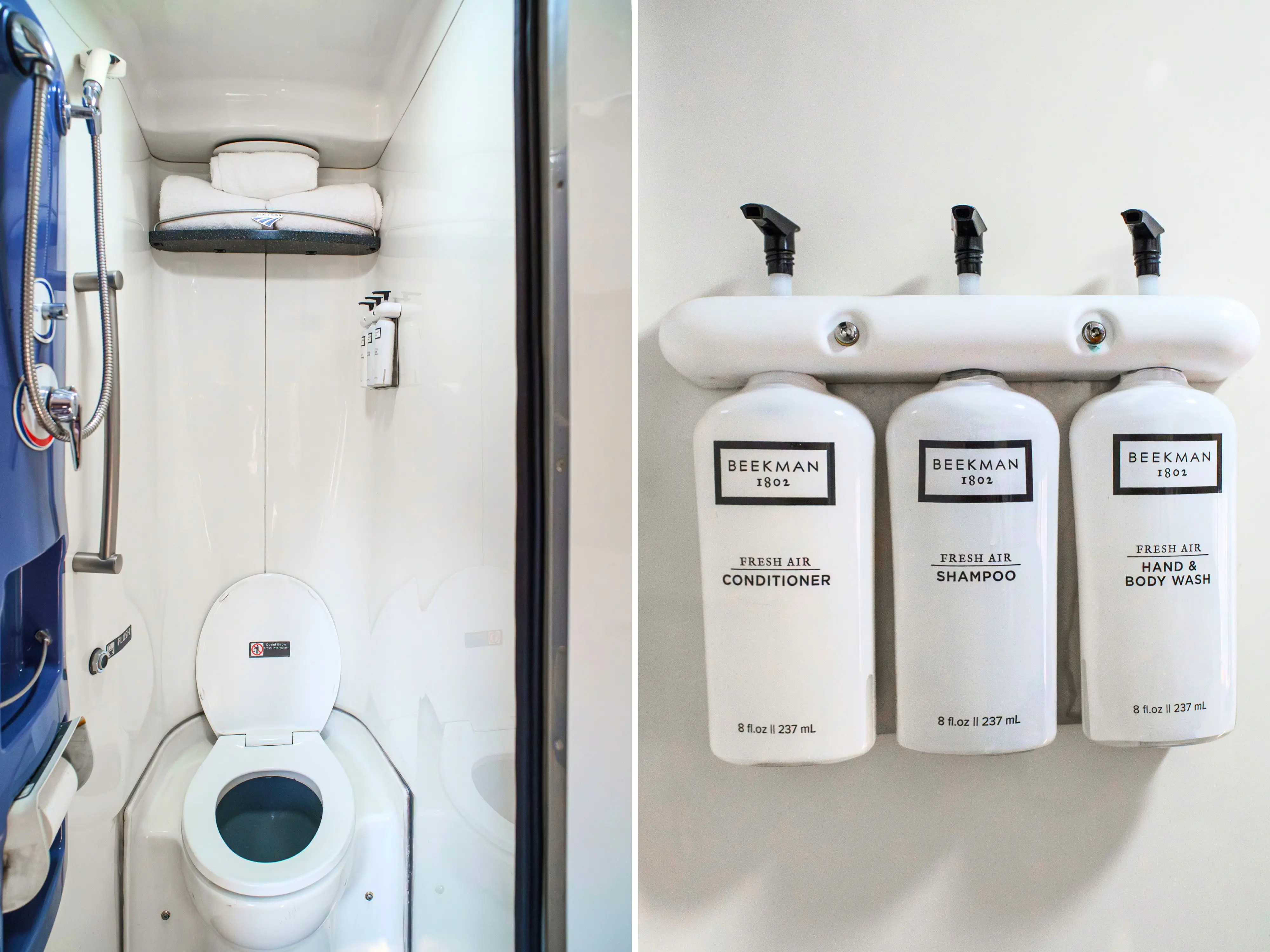 A composite image of a shower above a toilet and toiletries on the wall in an Amtrak bathroom