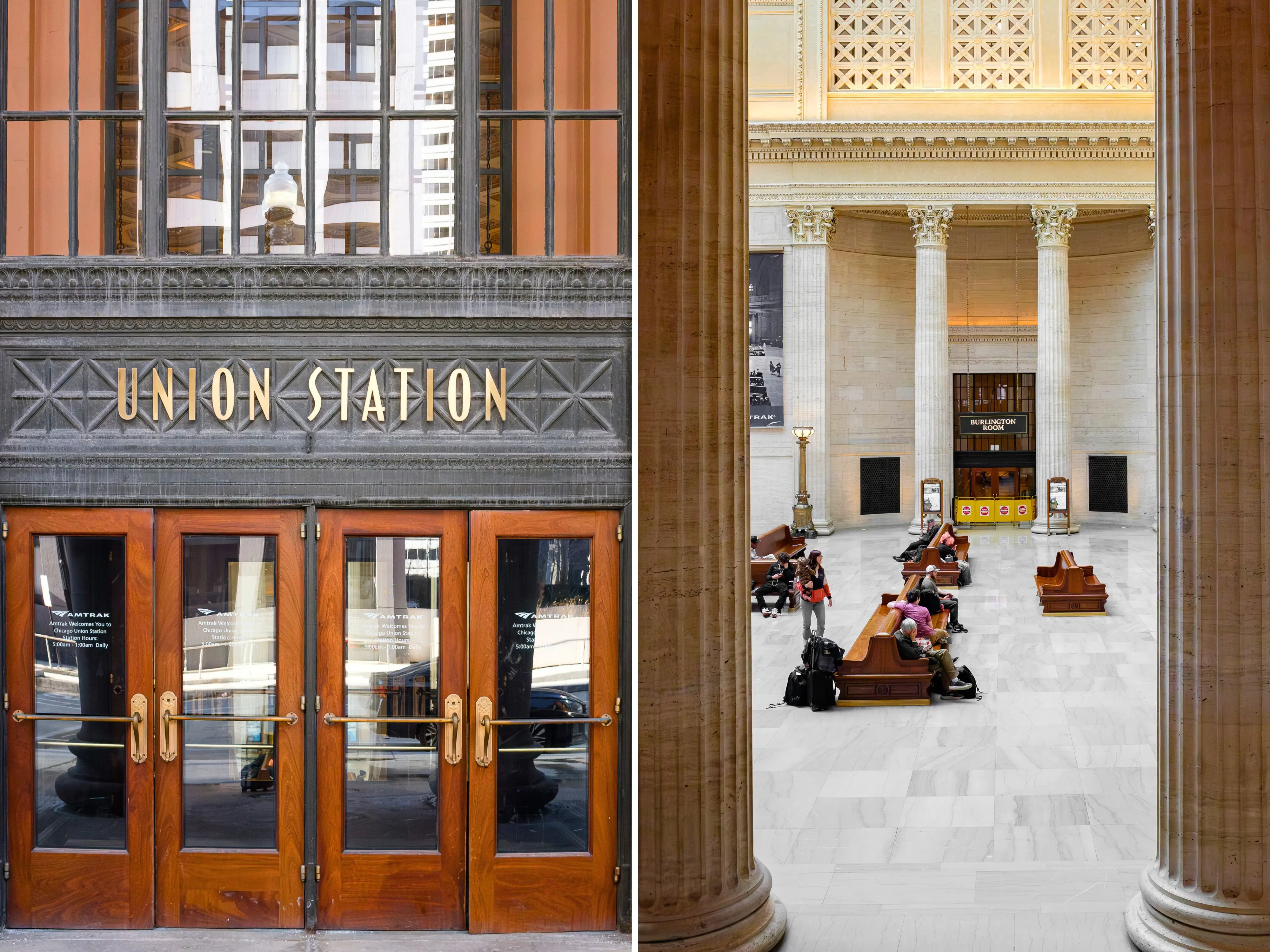 A composite image of the exterior and interior of Union Station in Chicago