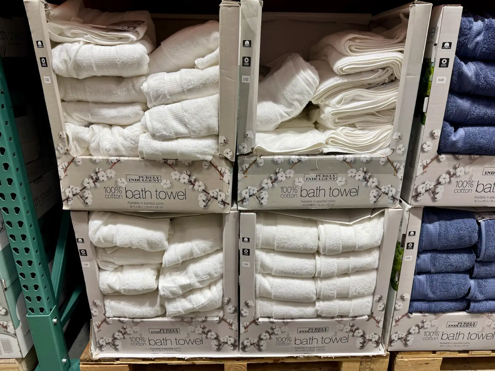 Purely Indulgent bath towels for sale at the writer's local Costco location.