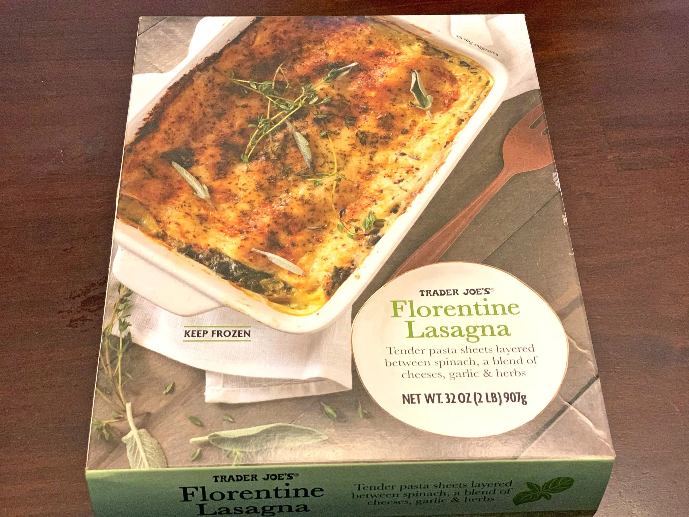 A box of Trader Joe's Florentine lasagna.