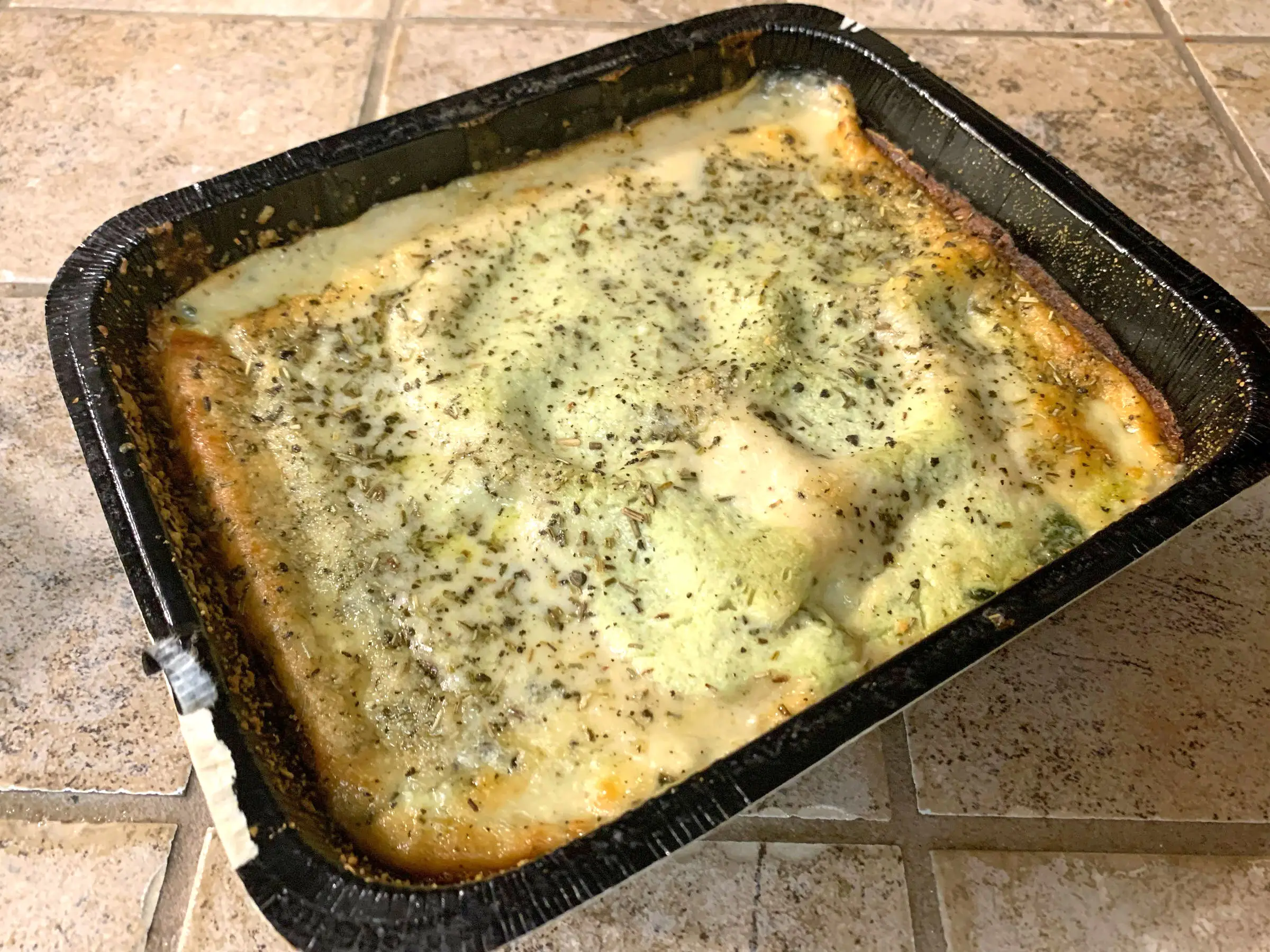 A prepared Florentine lasagna from Trader Joe's.