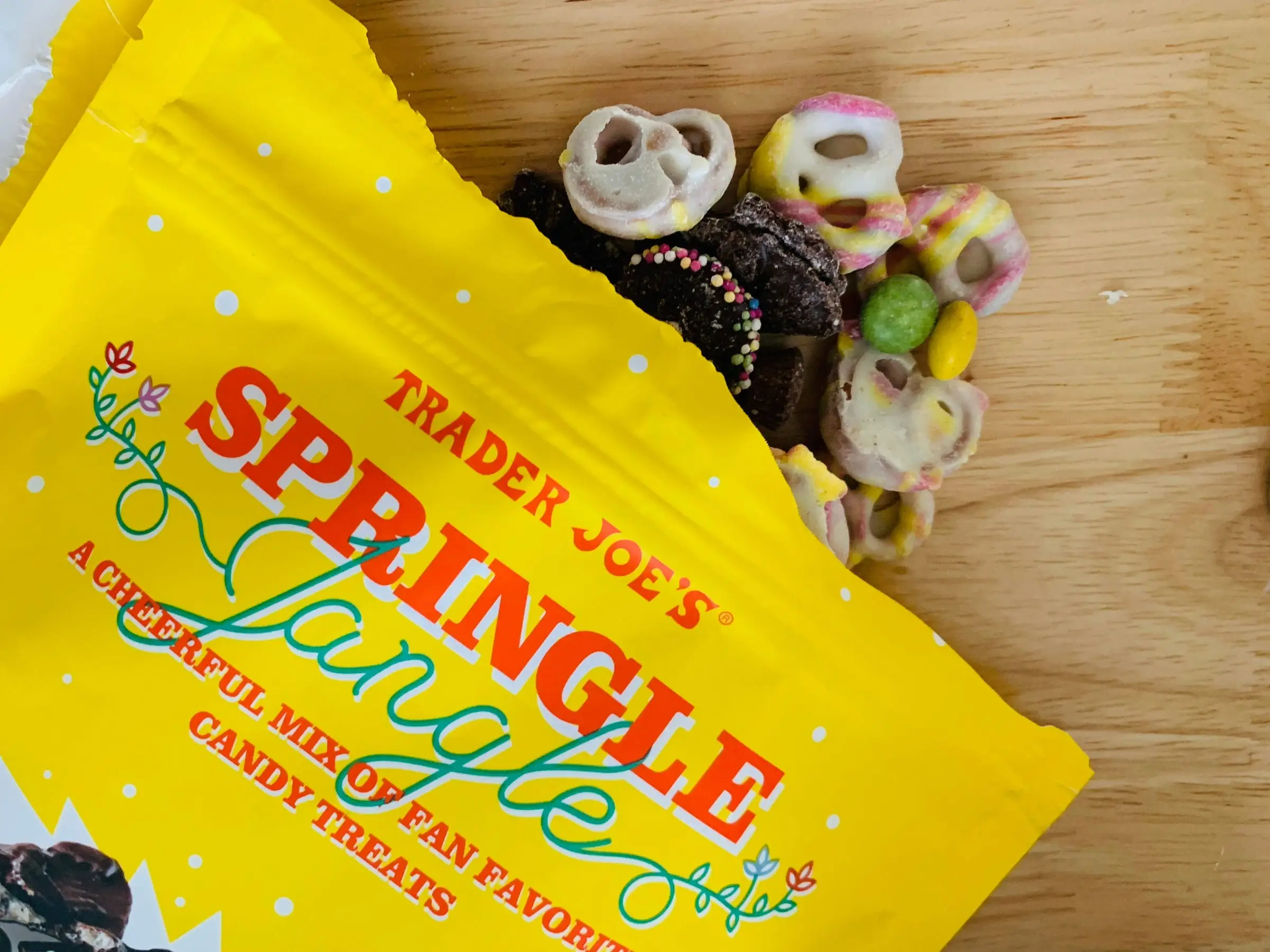 Trader Joe's Springle Jangle in yellow bag with some spilling out.