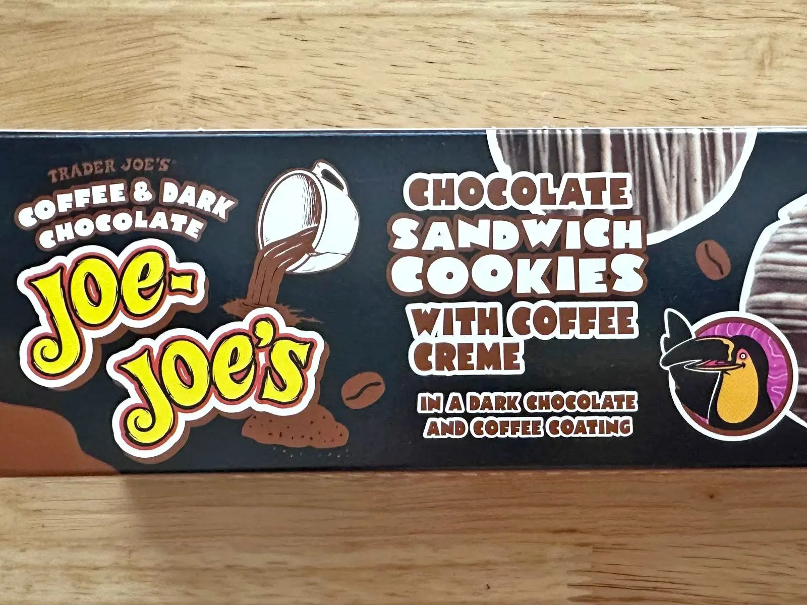 A box of Trader Joe's coffee and dark-chocolate Joe-Joe's.