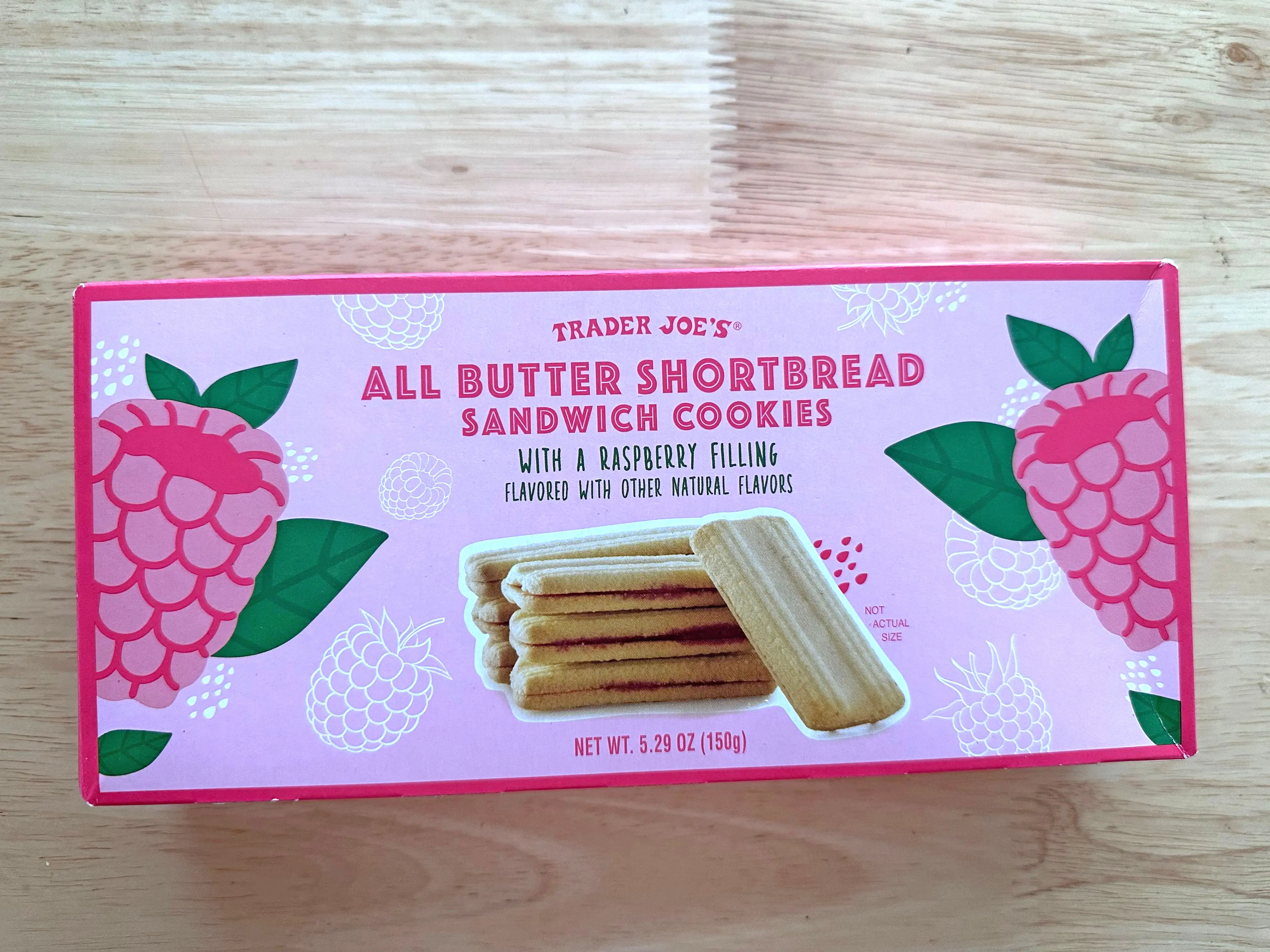 A box of Trader Joe's all-butter shortbread cookies with raspberry filling.