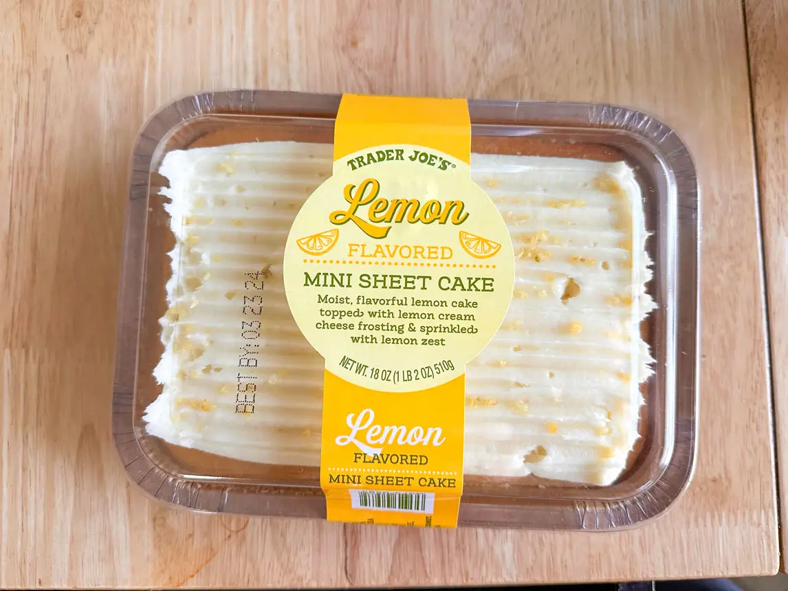 A container of Trader Joe's lemon-flavored mini sheet cake.