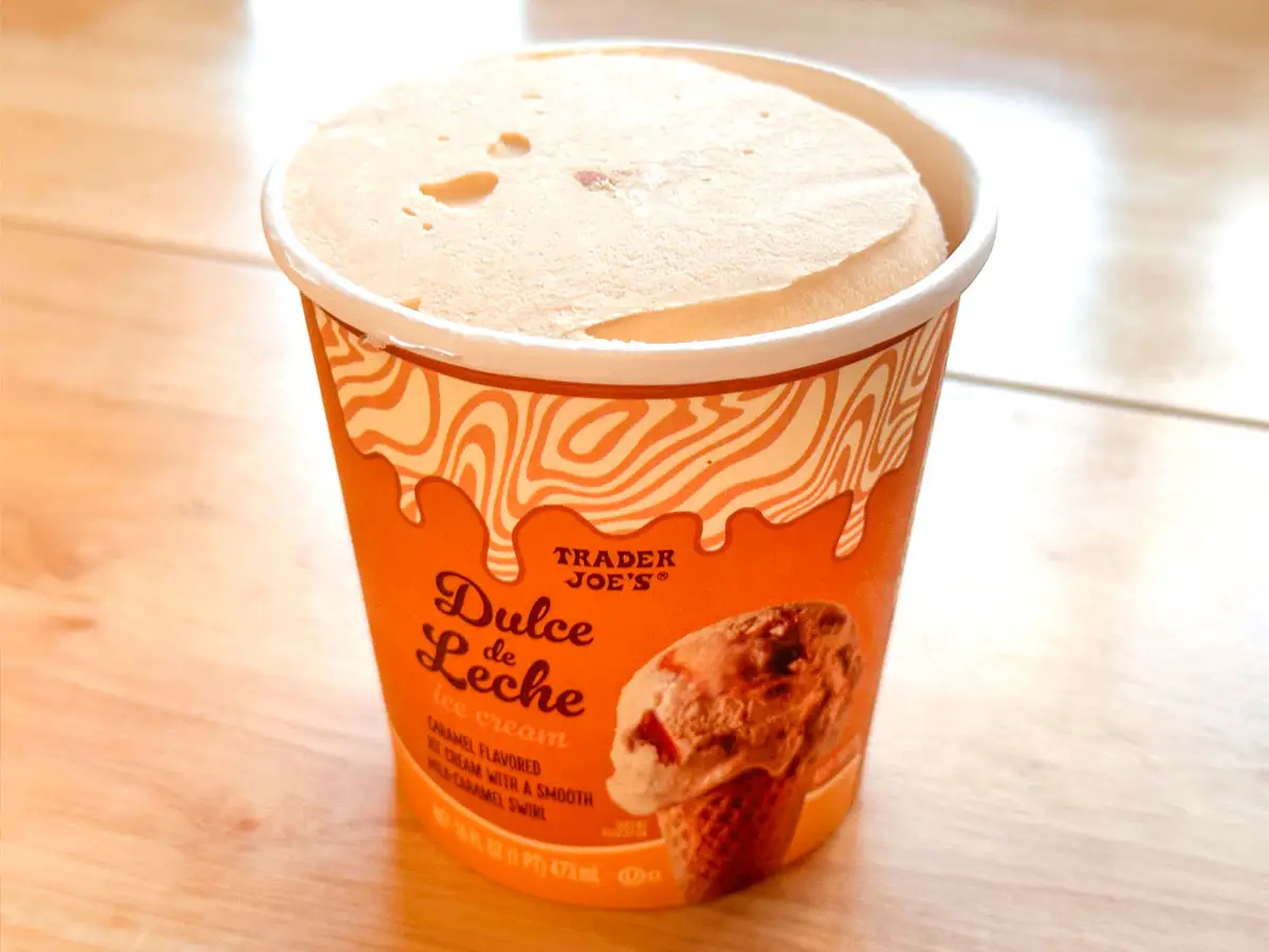 An open container of Trader Joe's dulce de leche ice cream.