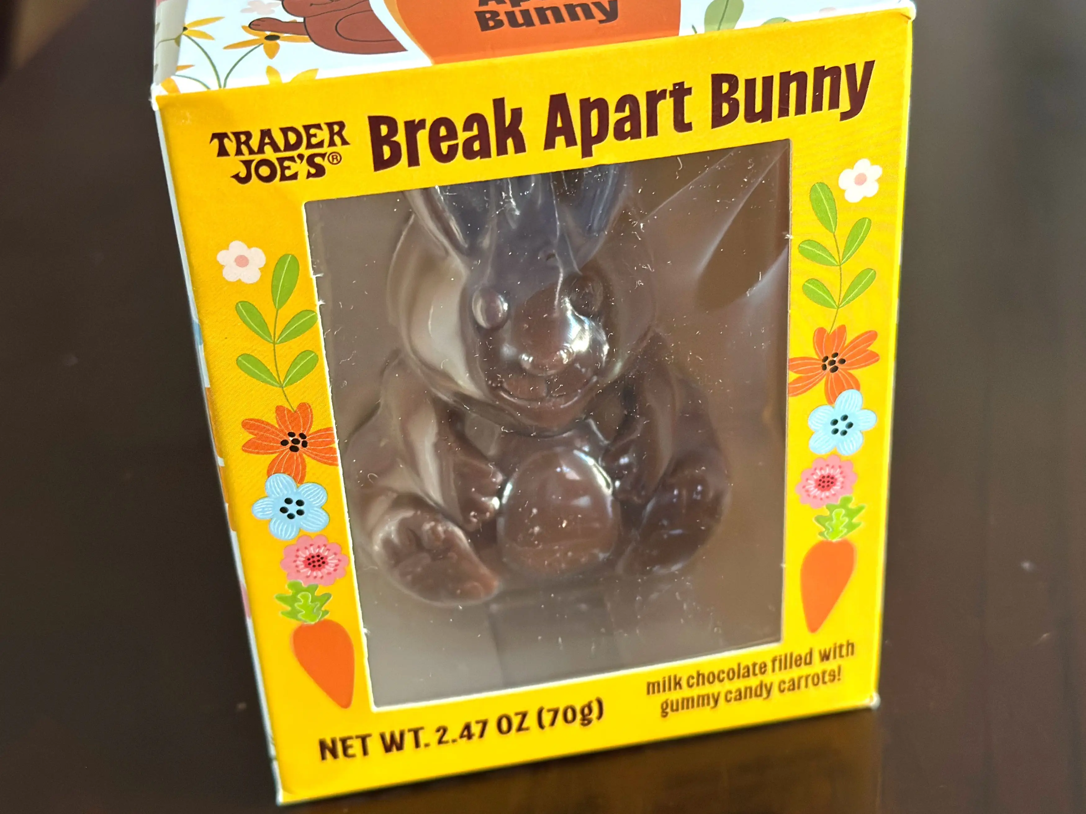 A Trader Joe's break-apart chocolate bunny in a box.