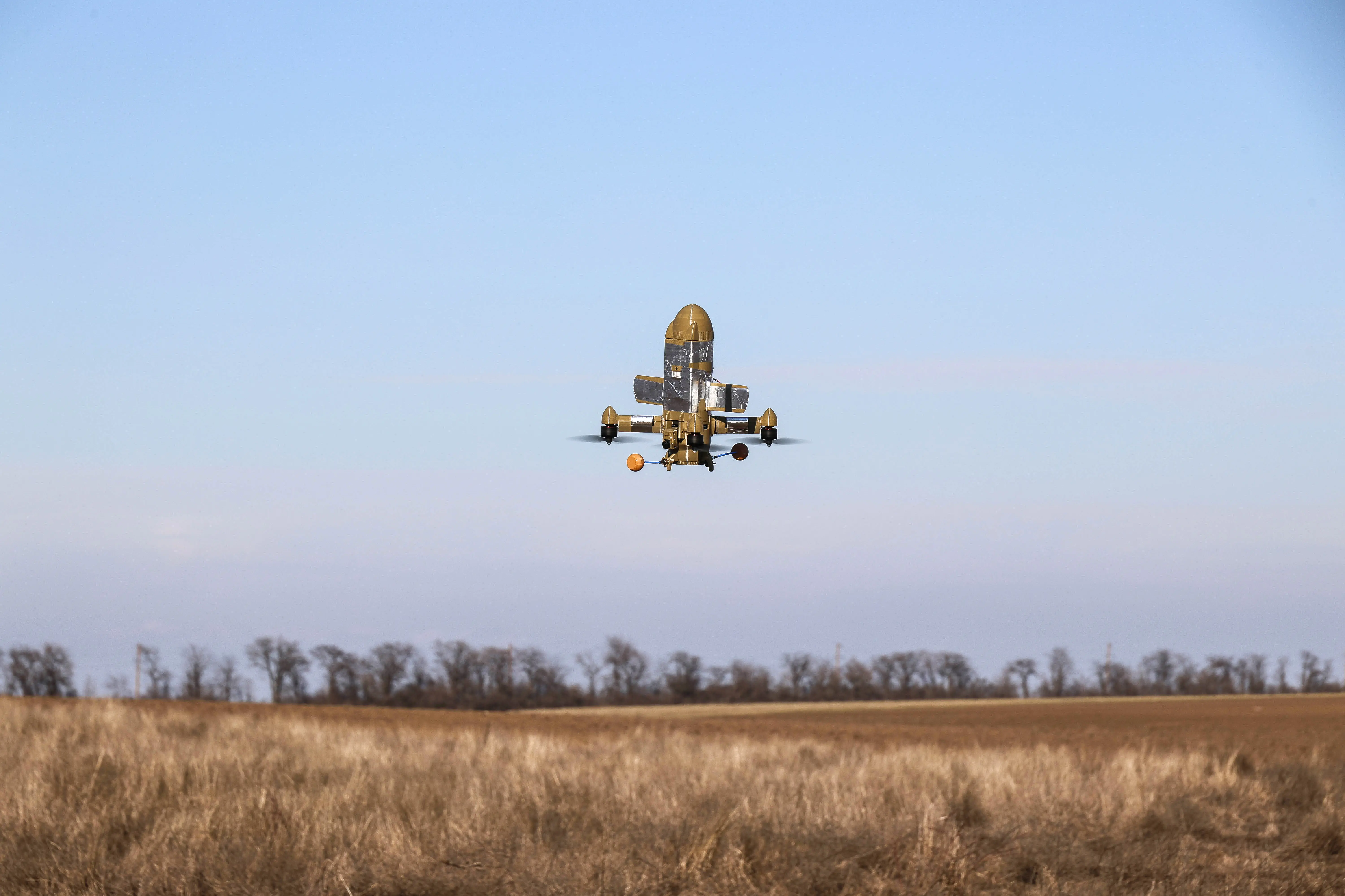 An interceptor drone used by the Khanter (Hunter) group of Ukraine's 208th Khersonska Anti-Aircraft Missile Brigade flies in the sky as the unit carries out combat missions in Ukraine, March 4, 2026.