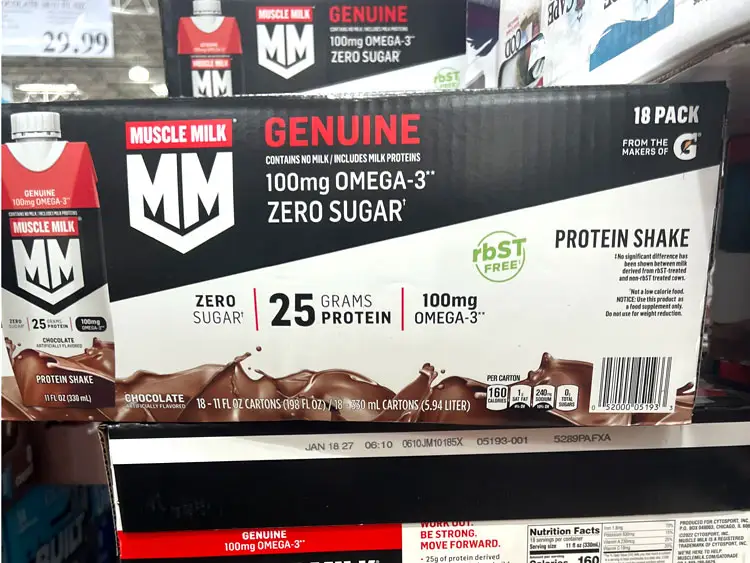 Large boxes of Muscle Milk protein shakes.