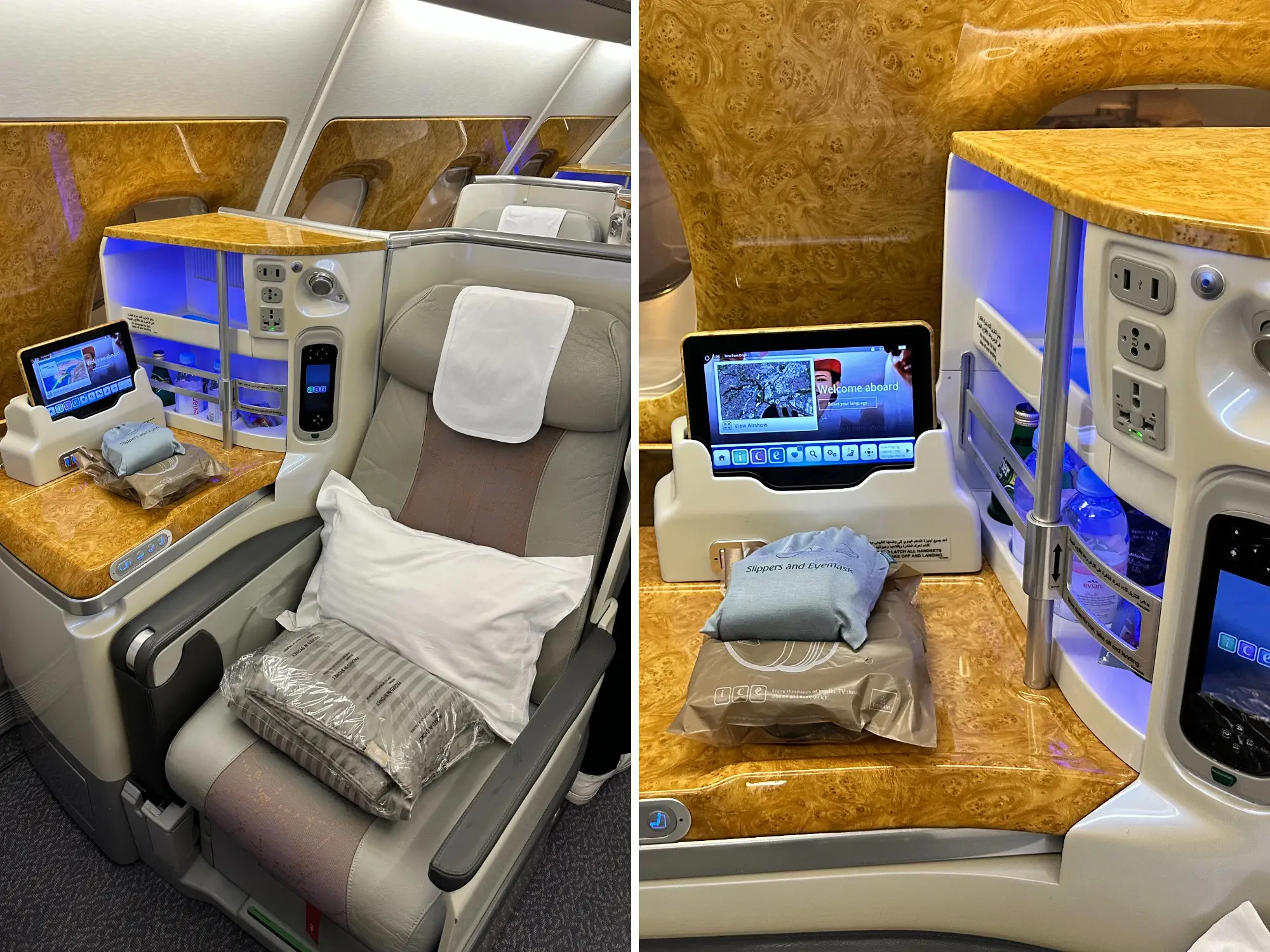 A composite image of an Emirates business-class seat and a close-up of the storage area with other amenities.