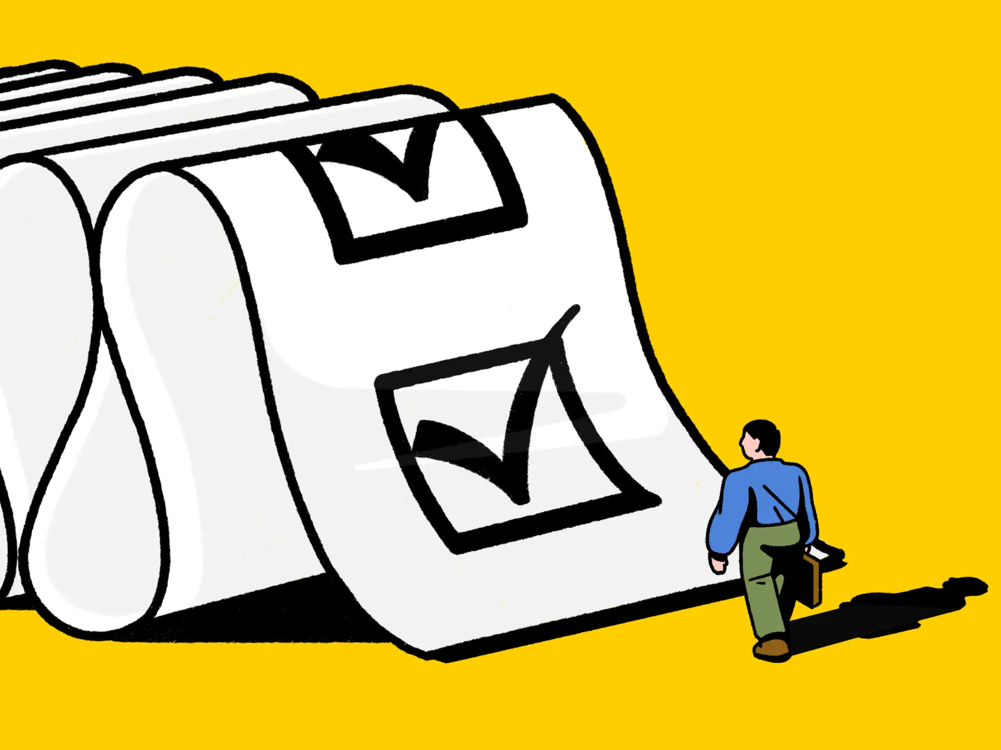 A business man walking up to a large checklist