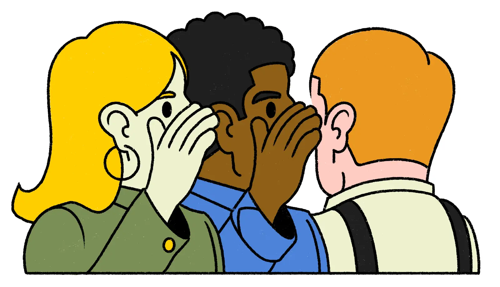 A row of three people gossiping