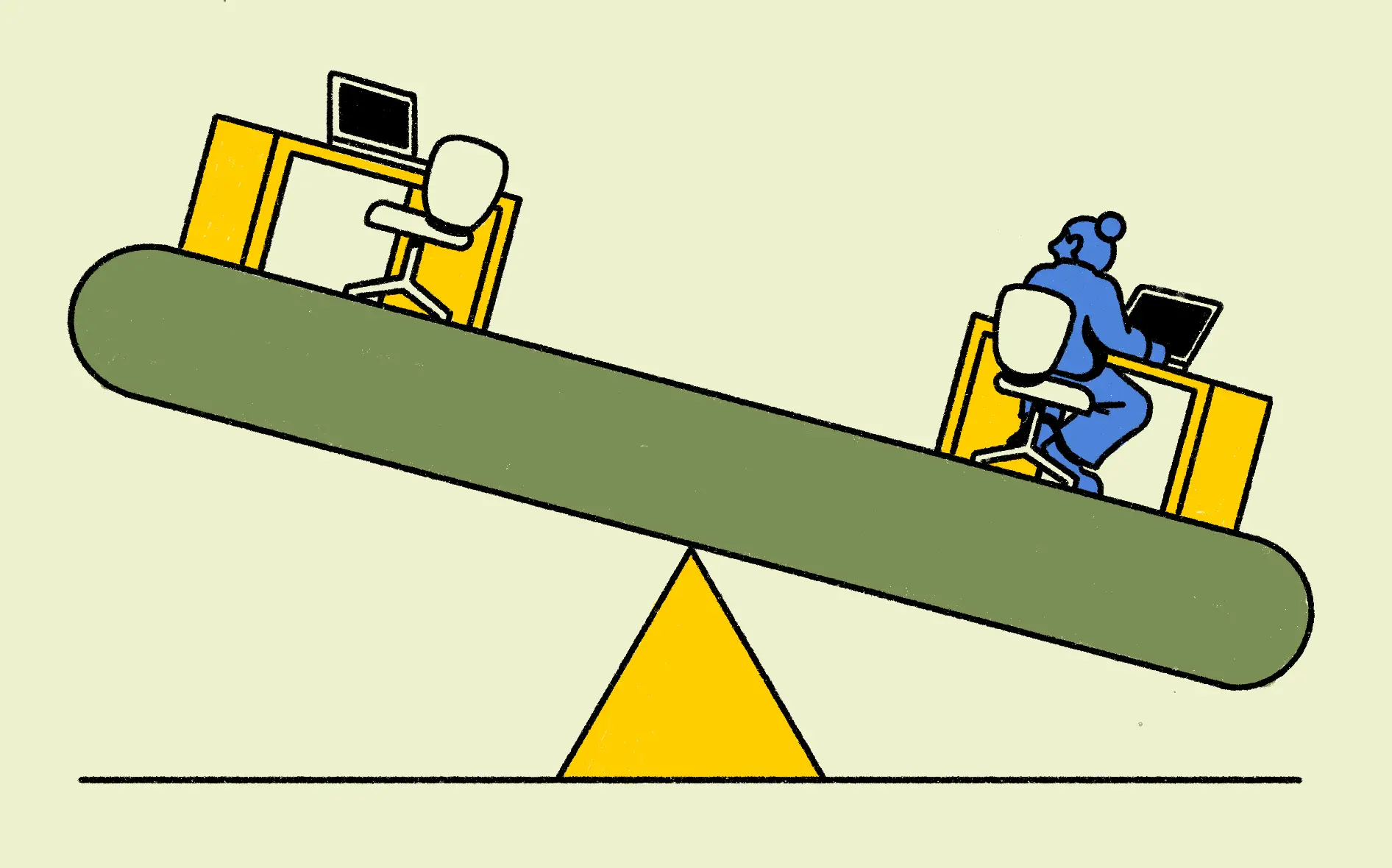 Two desks on a seesaw with the worker looking back