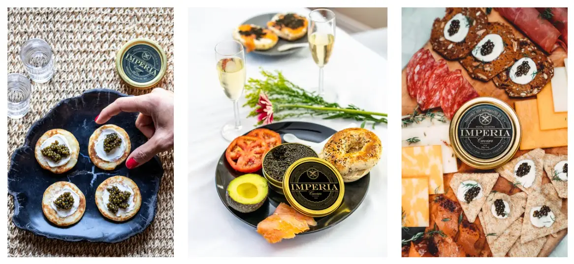 Several photos of Imperia caviar on top of food items like blinis and crackers.