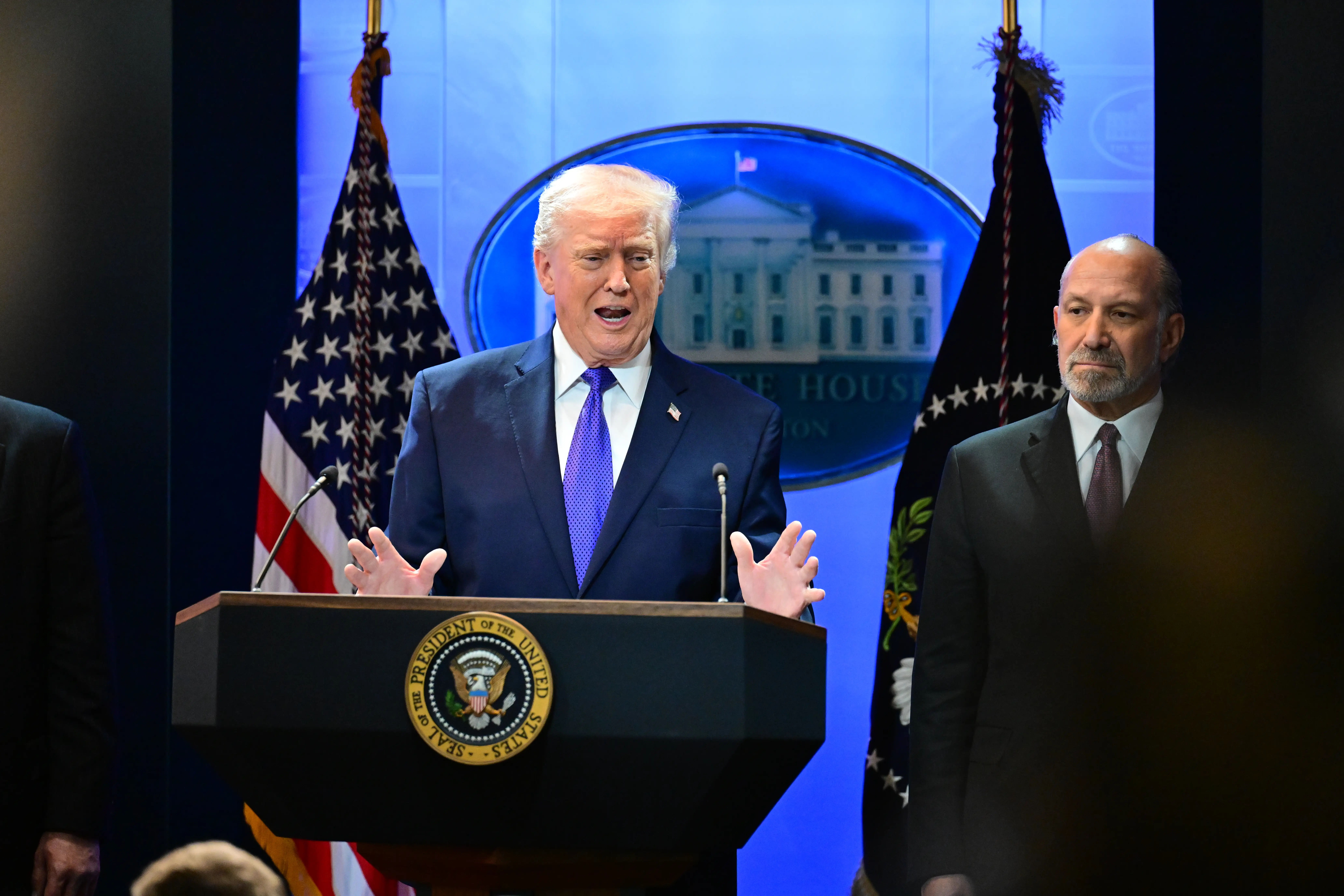 EBRUARY 20: U.S. President Donald Trump speaks during a press briefing at the White House on February 20, 2026 in Washington, DC. The U.S. Supreme Court on February 20 ruled against Trump's use of emergency powers to implement international trade tariffs, a central portion of the administration's core economic