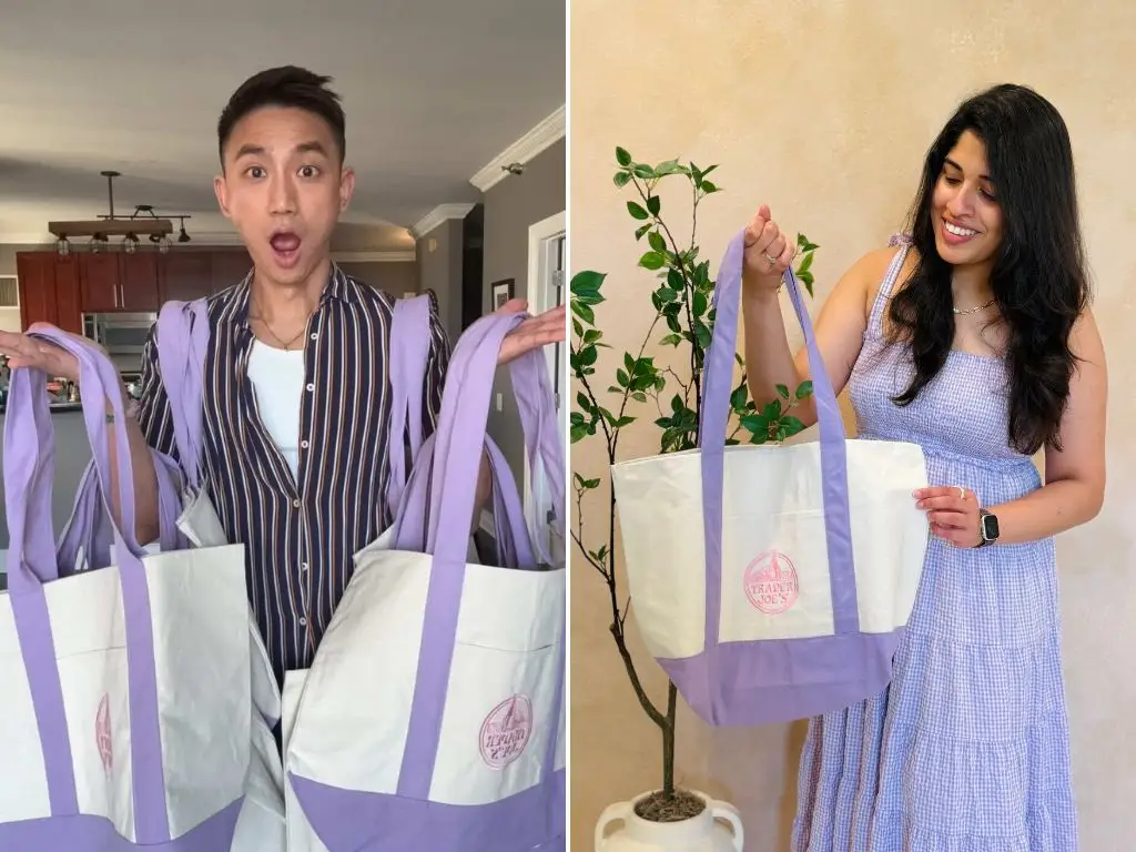 John Lee and Maddie Bhattacharyya with their new Trader Joe's lavender tote bags.