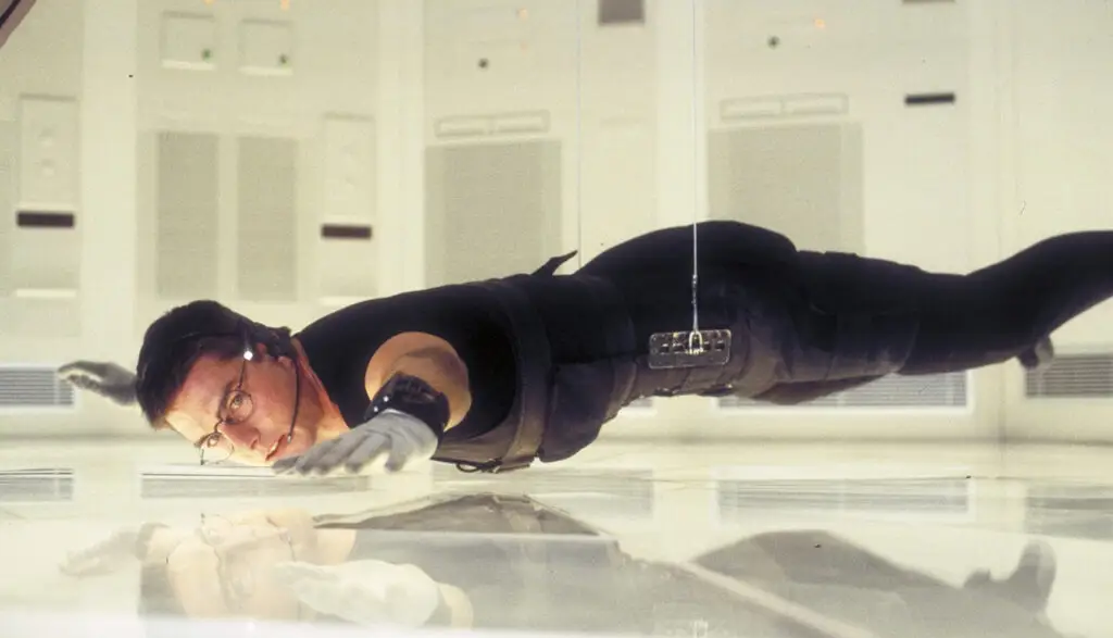 Tom Cruise hanging off the floor in Mission Impossible