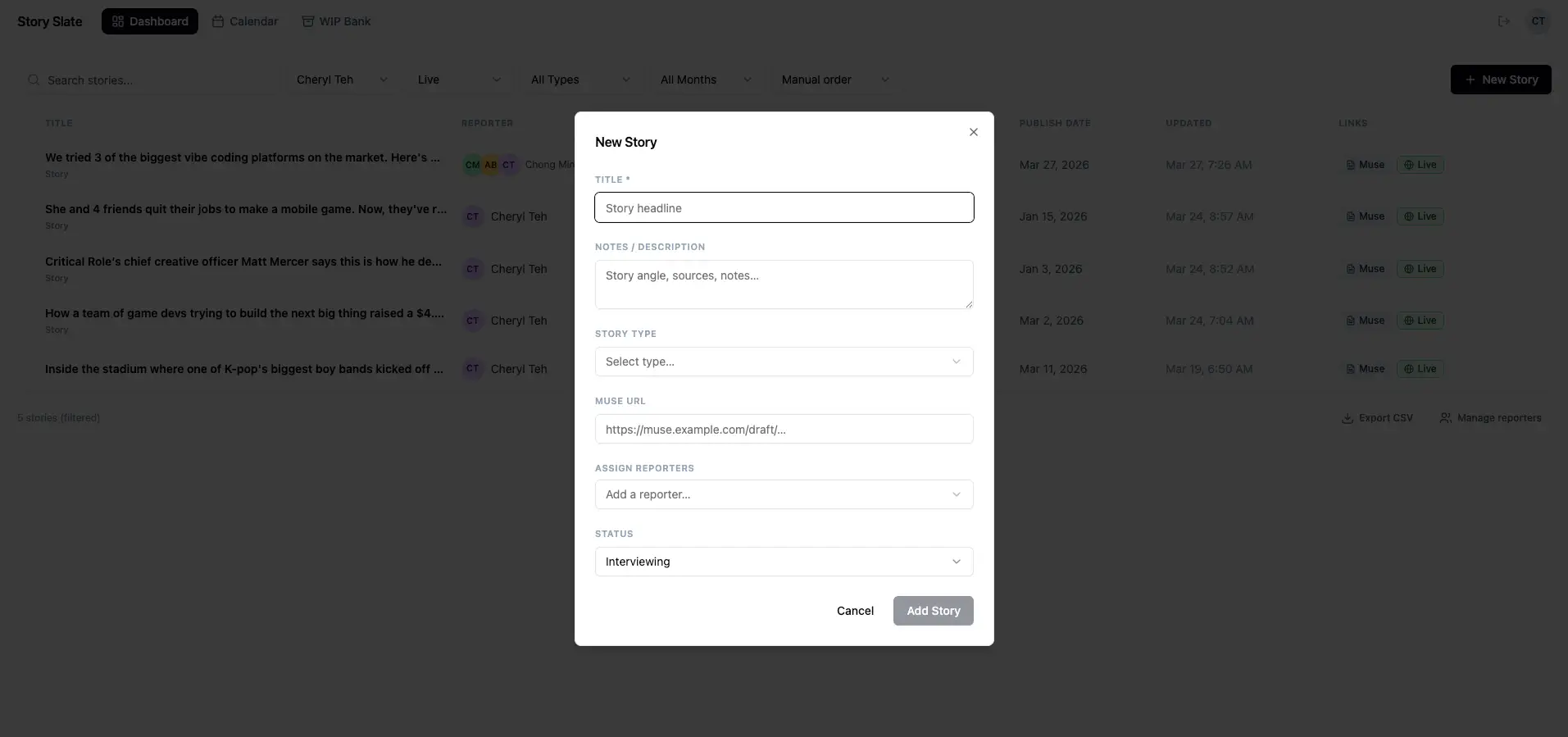 A screenshot of Cheryl Teh's newsroom dashboard on Base44.