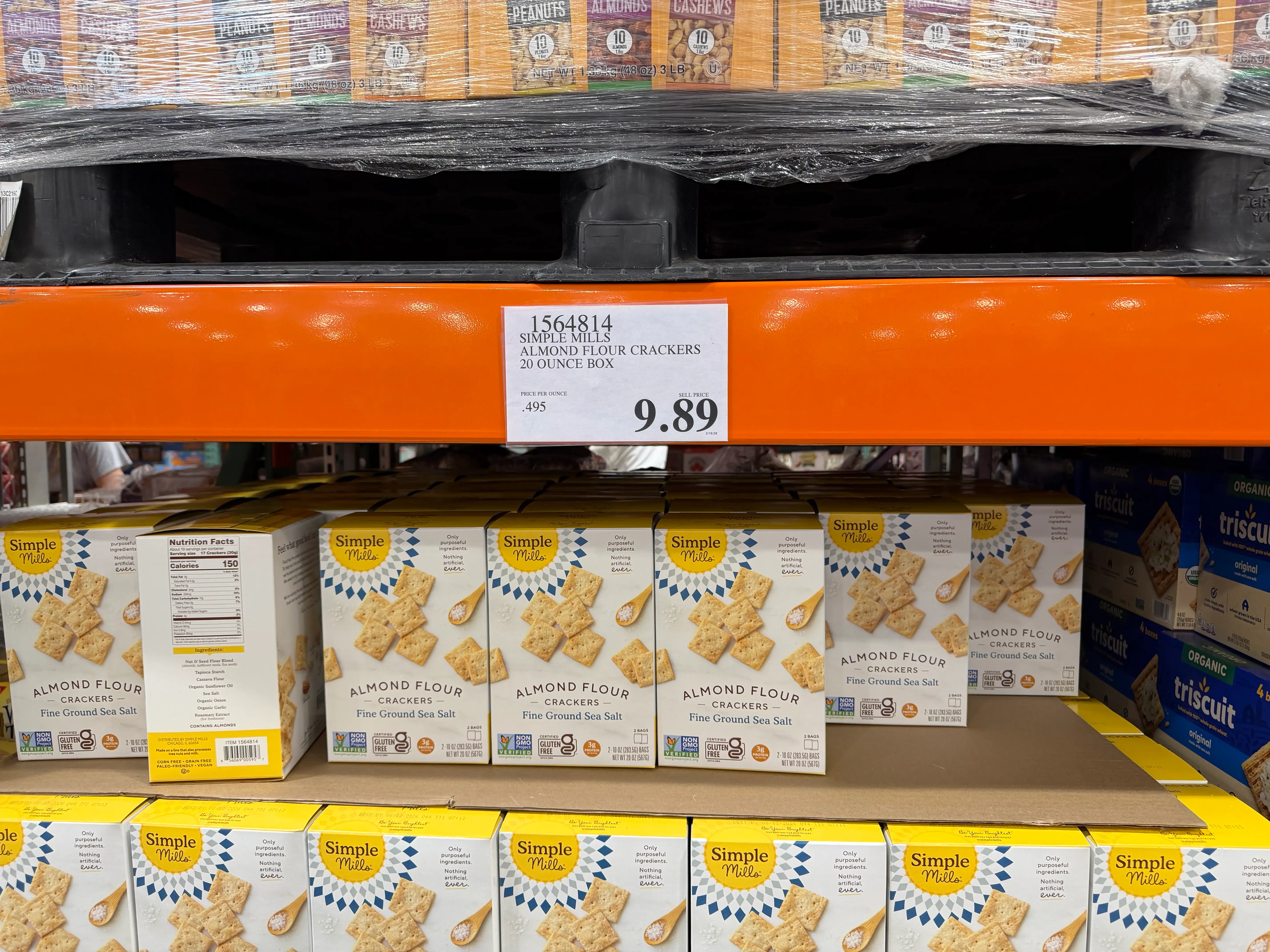 Simple Mills almond-flour crackers on shelf at Costco