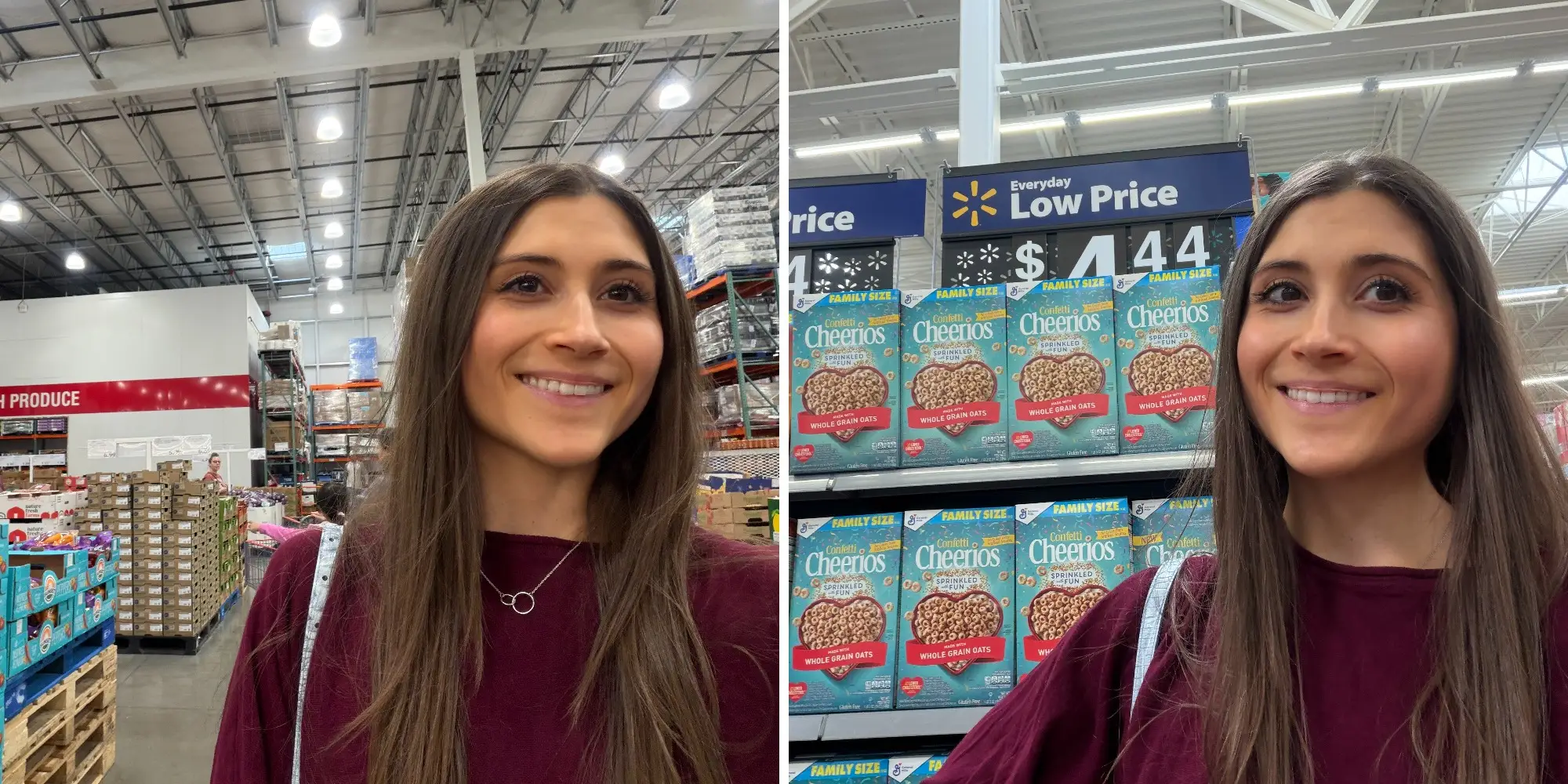Woman smiling in aisle at Costco next to photo of same woman smiling by cereal at Walmart