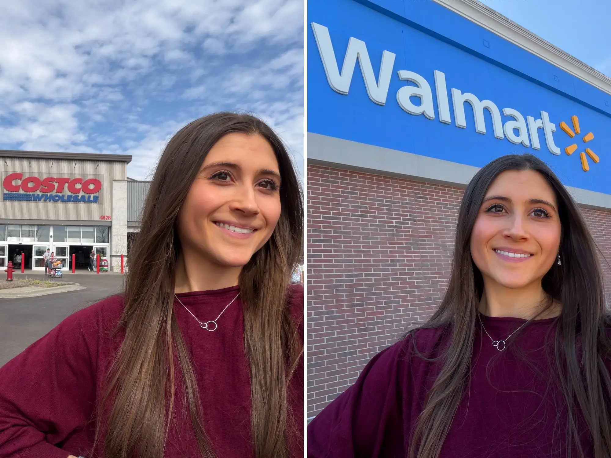 Woman smiling in front of Costco next to image of woman smiling in front of Walmart