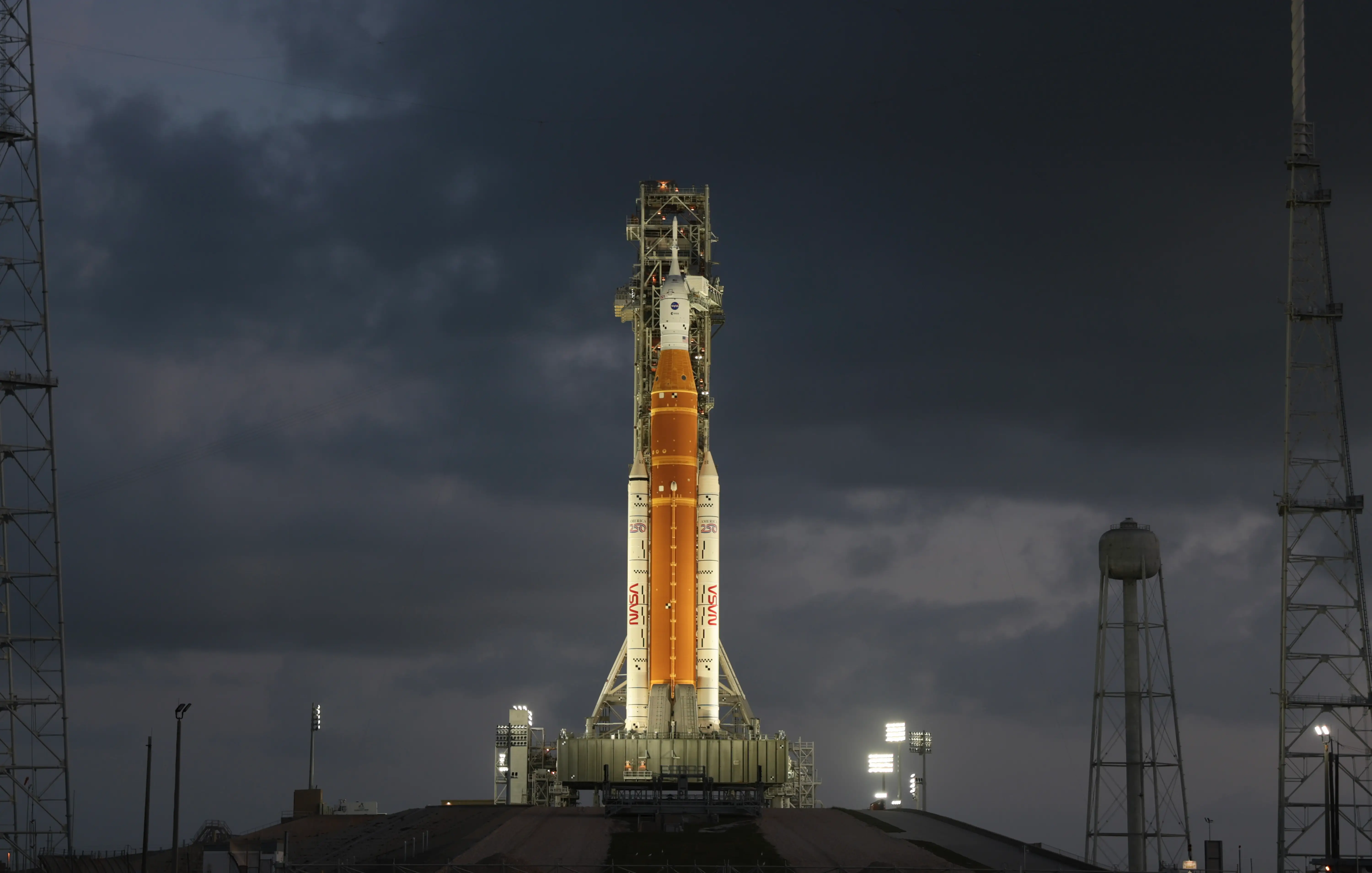 NASA's Artemis II Space Launch System rocket and Orion spacecraft sit on Launch Pad 39B at the Kennedy Space Center on March 31, 2026