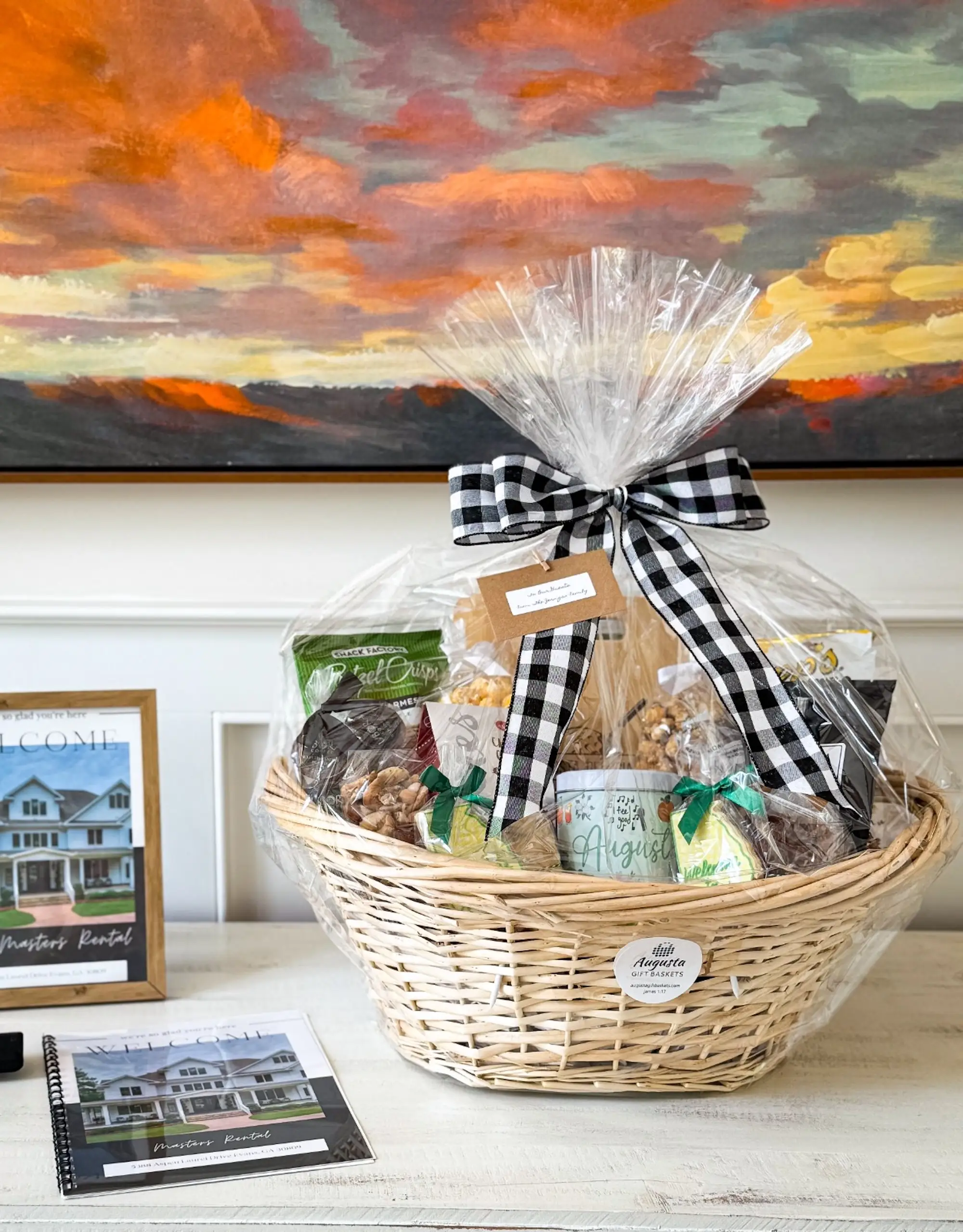 A gift basket and a guide to a home in a rental property.