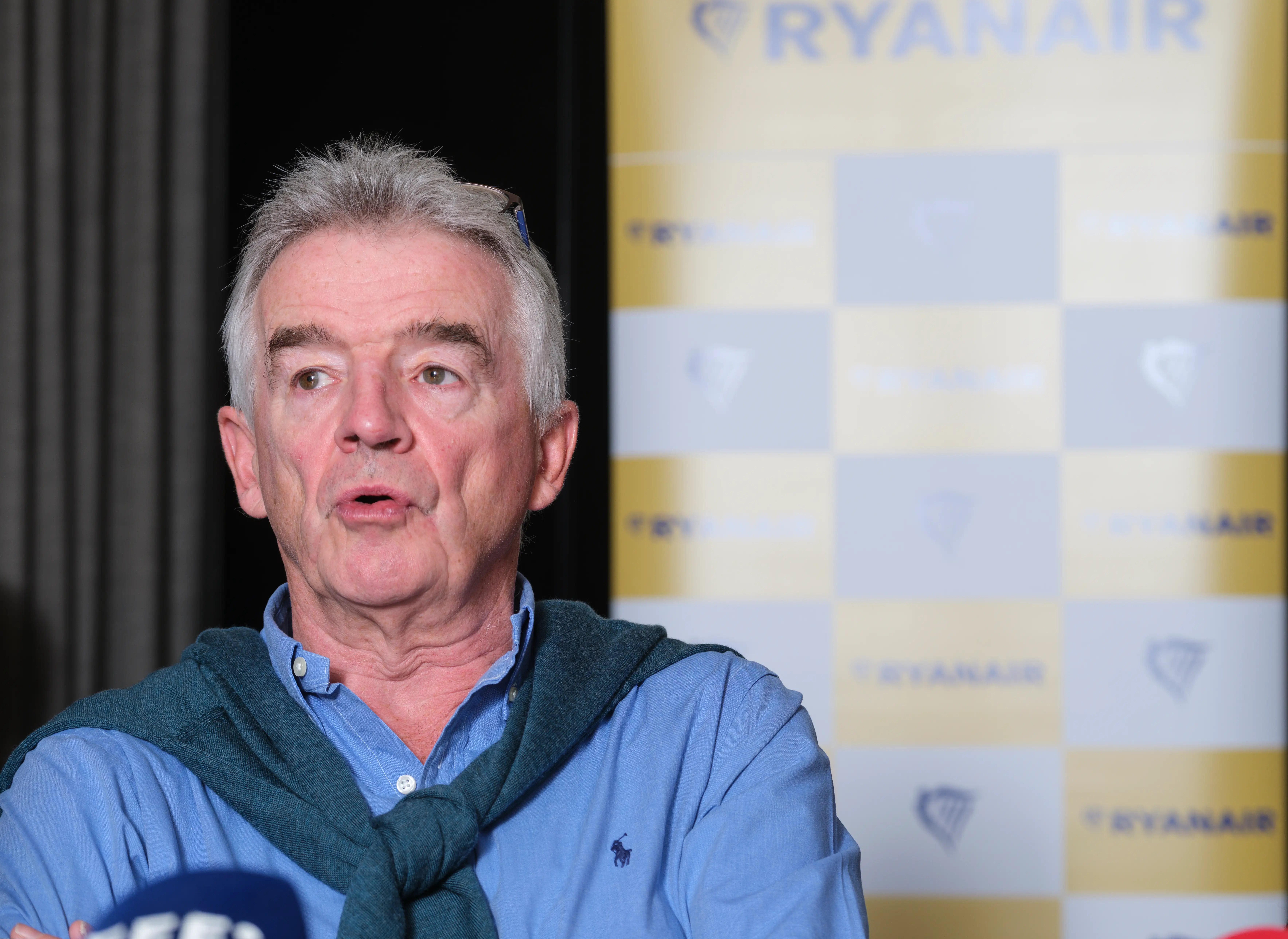 Irish businessman, CEO of Ryanair Michael O'Leary talks to media at NH Hotel Berlaymont on August 27, 2025 in Brussels, Belgium.