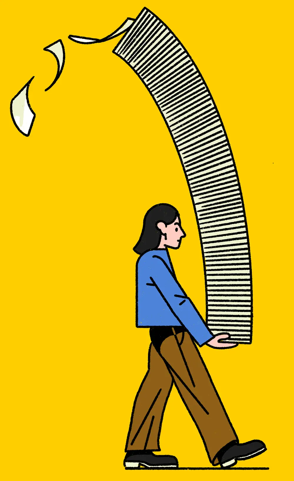 An employee carrying a large stack of paperwork