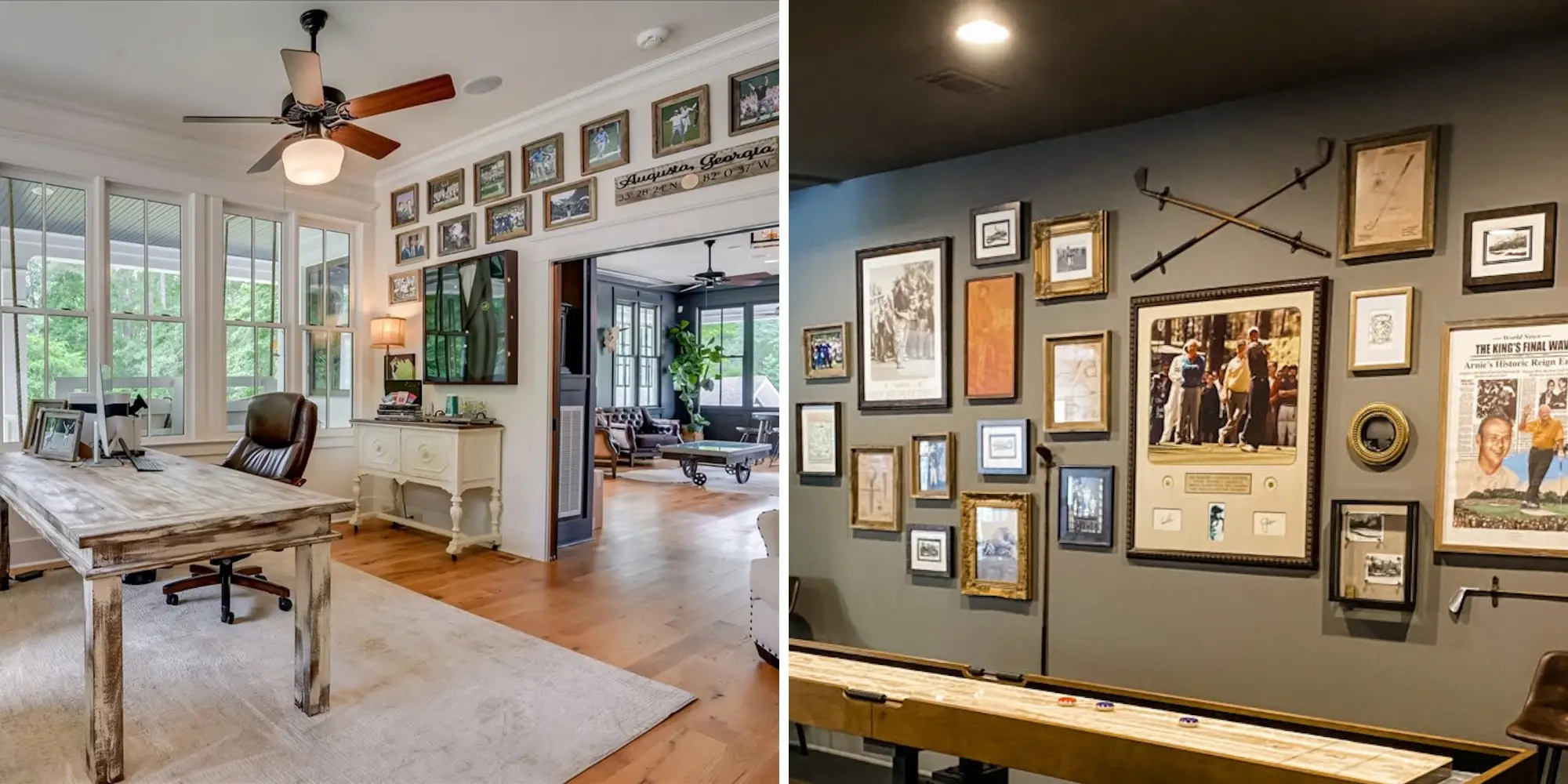 A side-by-side of a an office with photos of golfers and a basement covered in golf decor.