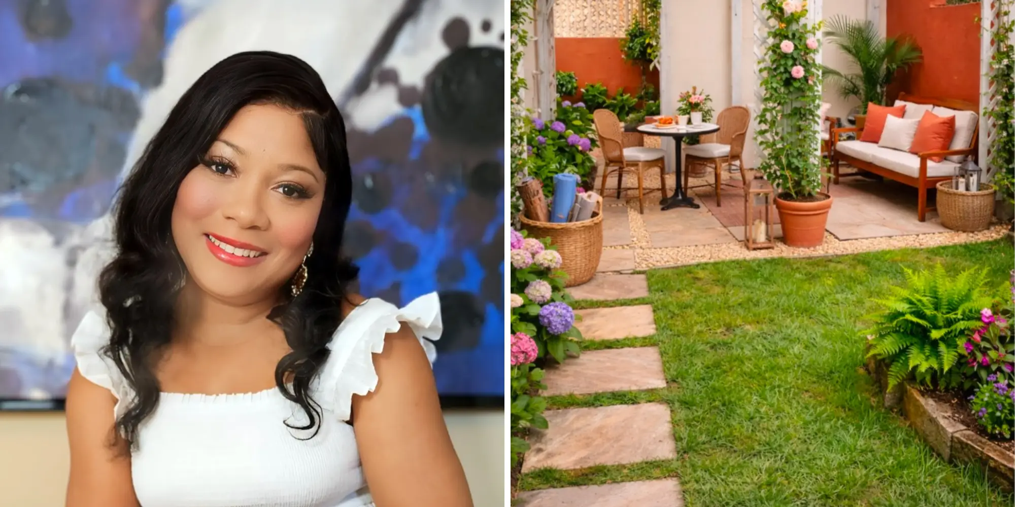 A woman posing for a photo on the left, and a courtyard on the right.