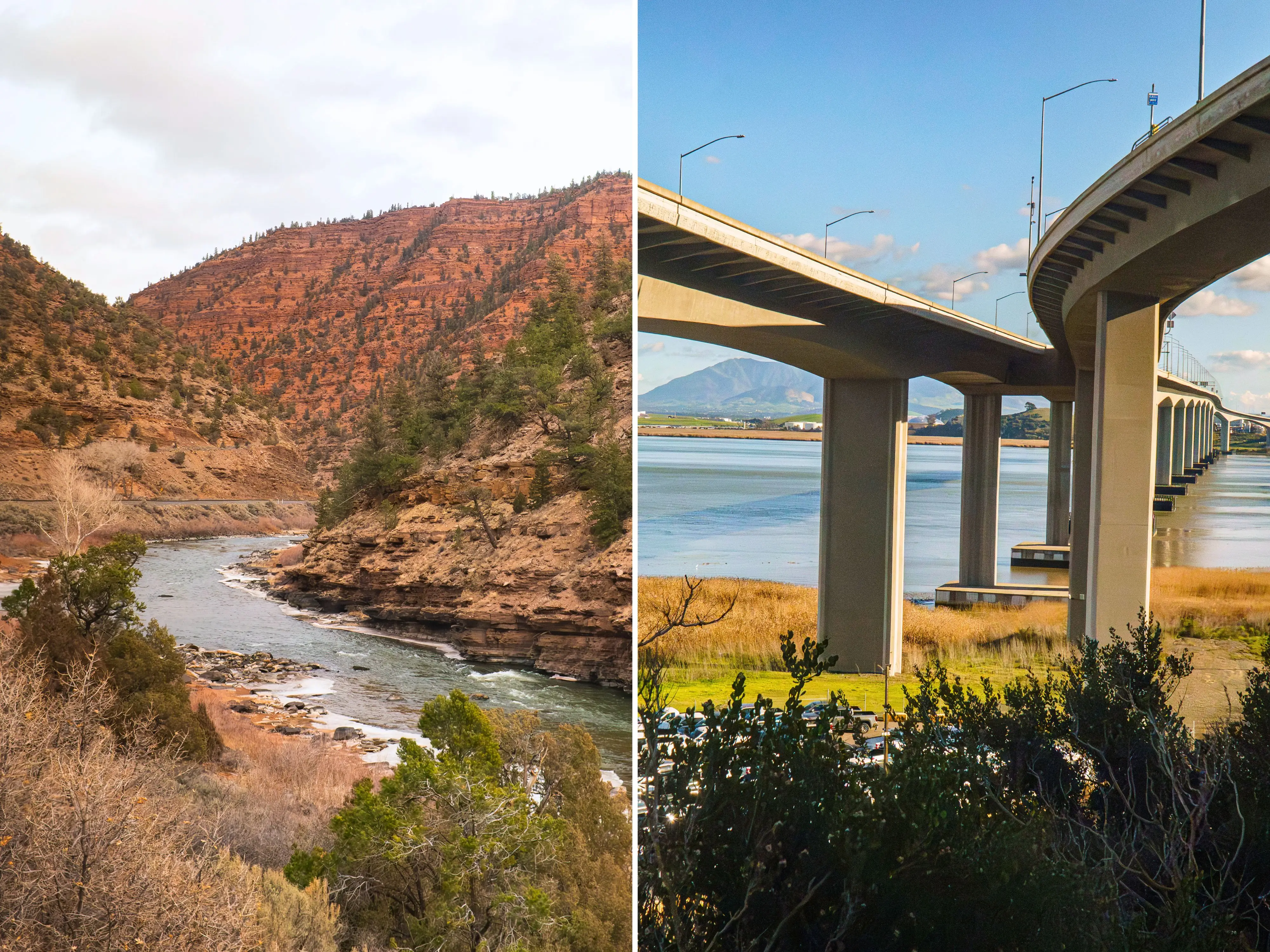 A composite image of a river flowing through red mountains and an overpass above a body of water with mountains in the background