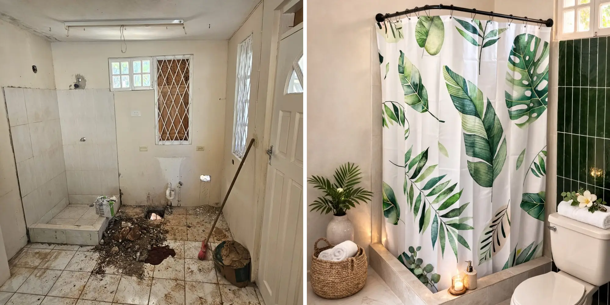 A before (left) and after (right) of a tiny home bathroom renovation.