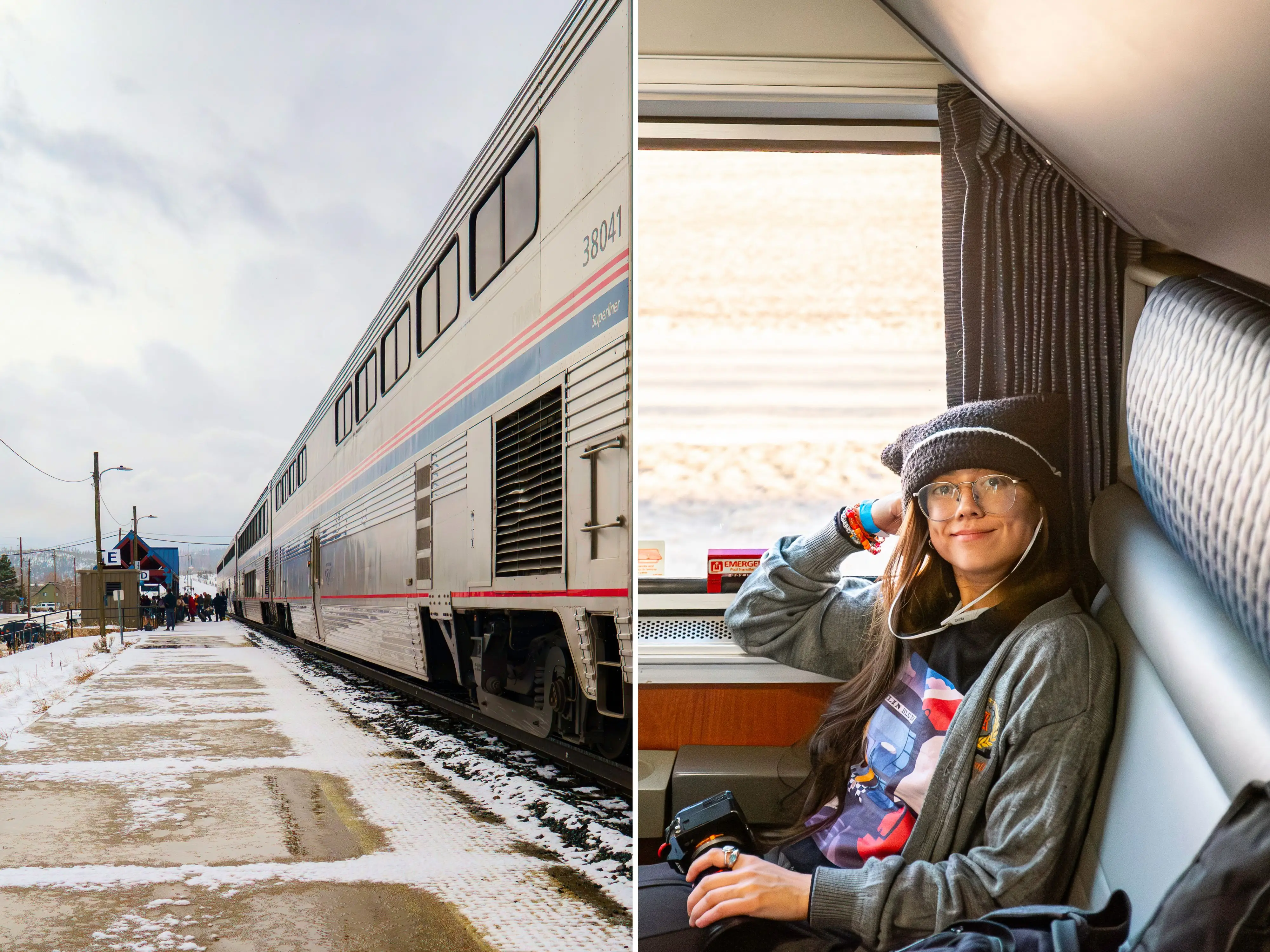 A composite image of a train parked outside with snow on the ground and the author sitting in an Amtrak bedroom with a window behind her