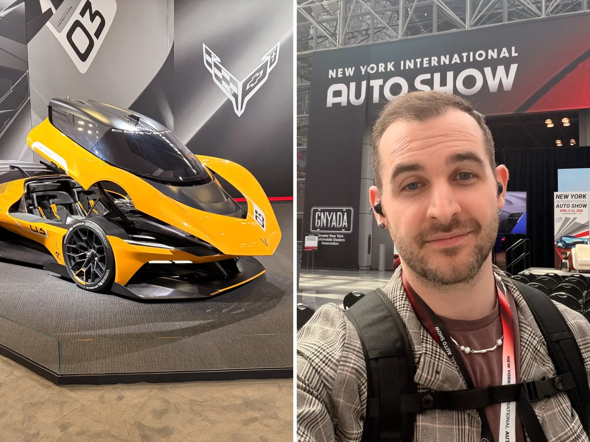 A yellow Chevy Corvette EV on the left and Ben Shimkus, a Business Insider reporter, on the right.