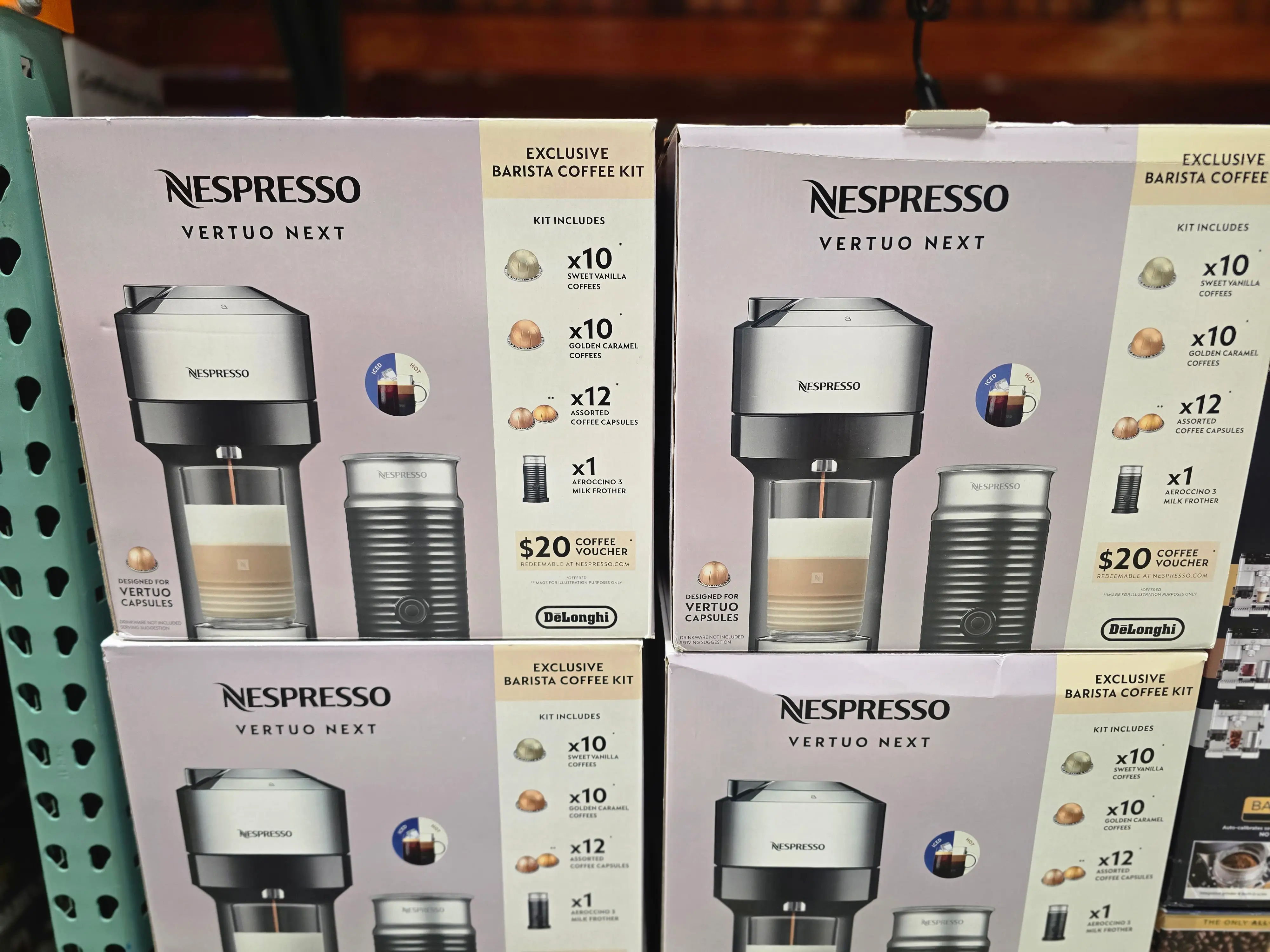 Boxes of Nespresso Verto Next bundles on display at Costco.