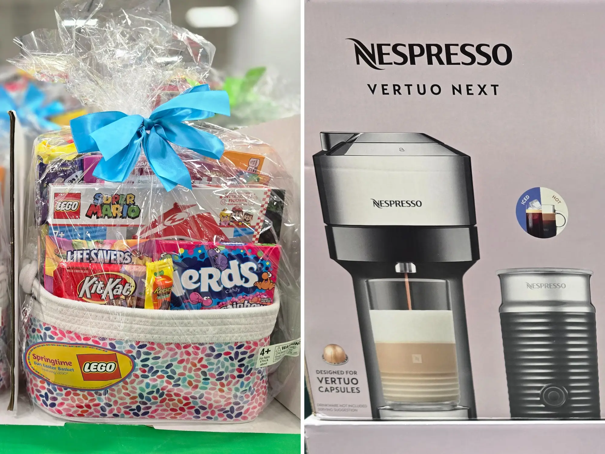 A composite image of a preassembled Lego Easter basket and a Nespresso Verto Next in a box at Costco.