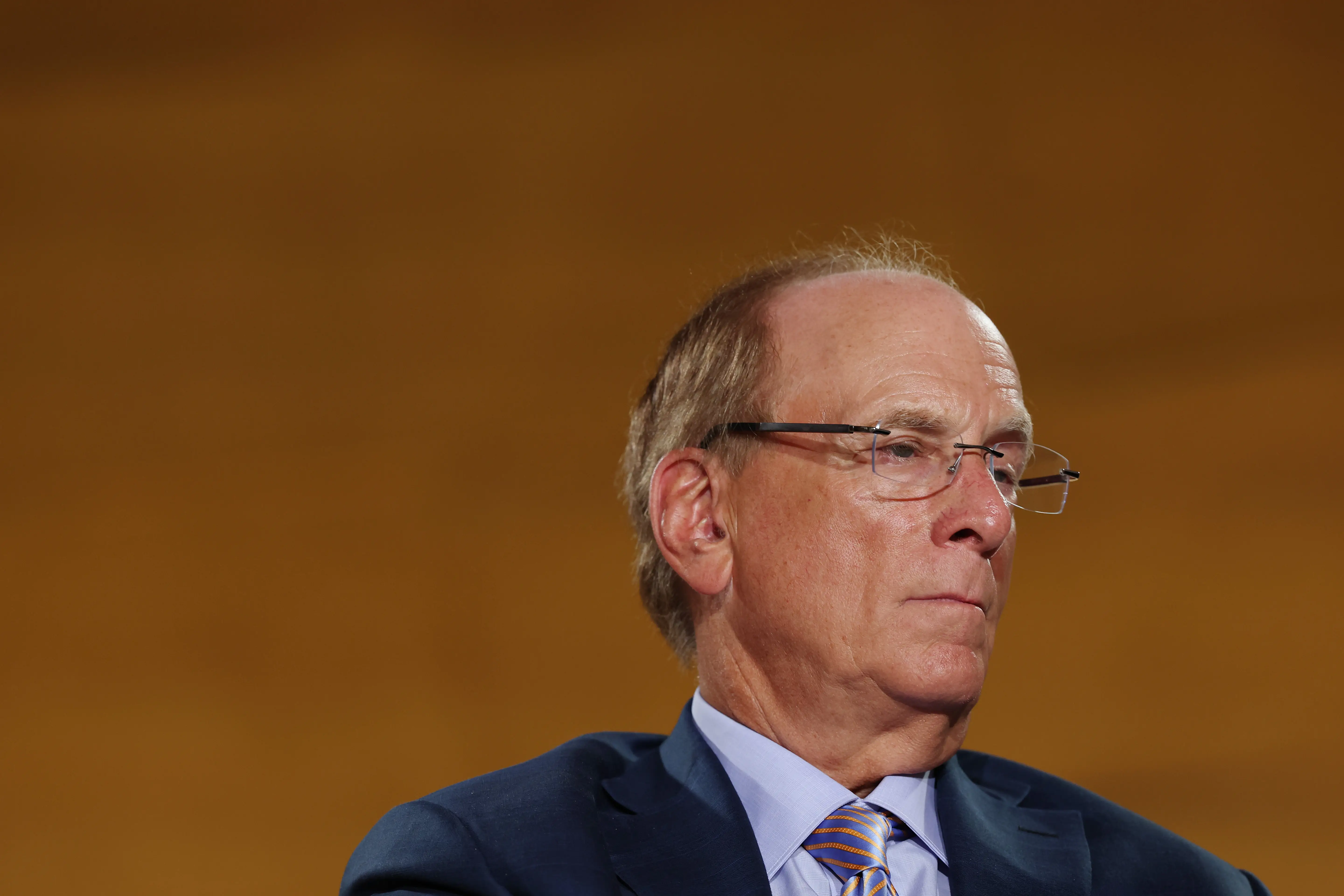 Larry Fink sits on stage.