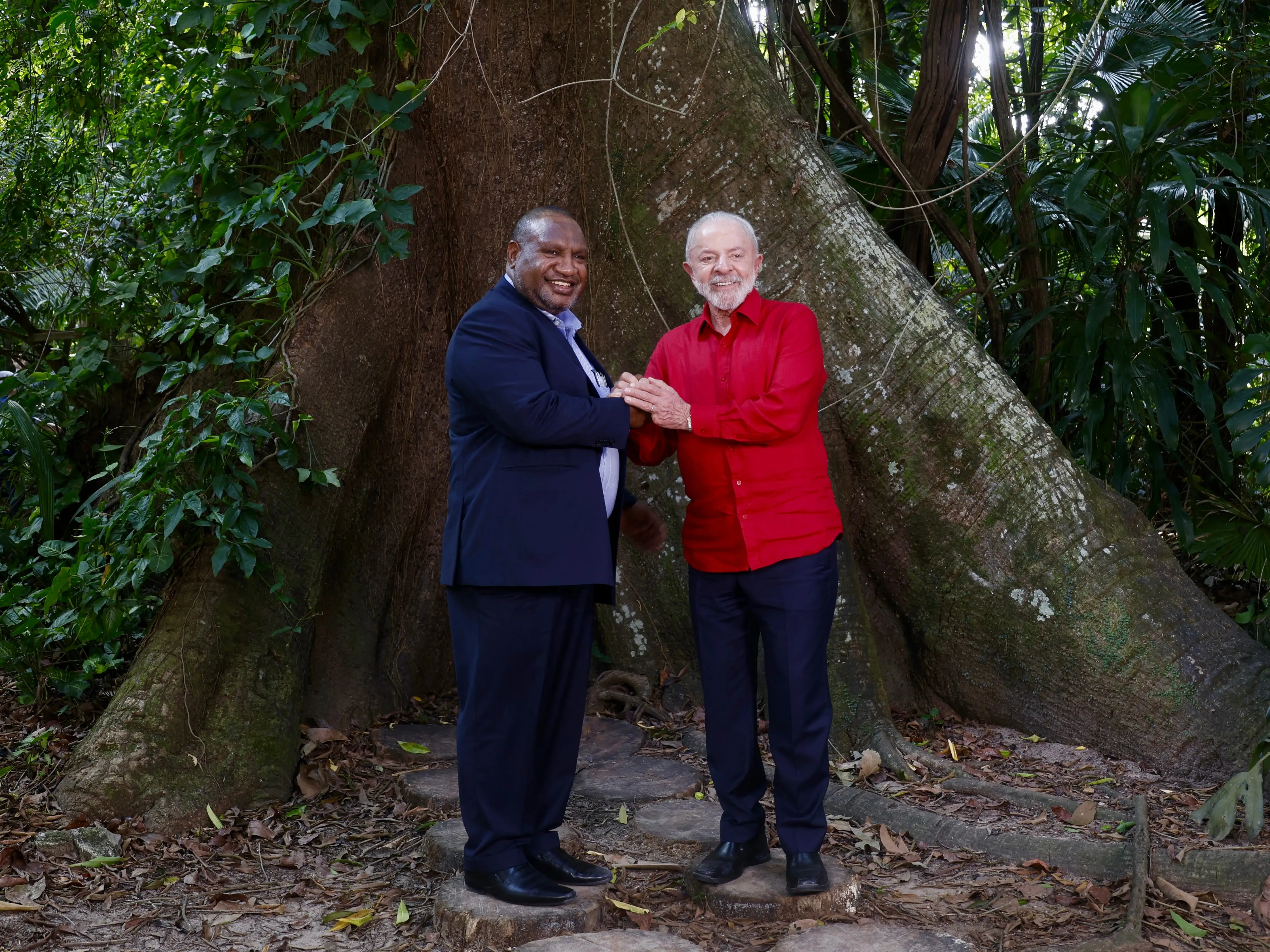 Papua New Guinea's Prime Minister James Marape shakes hands with Brazil's President Luiz Inacio Lula da Silva.