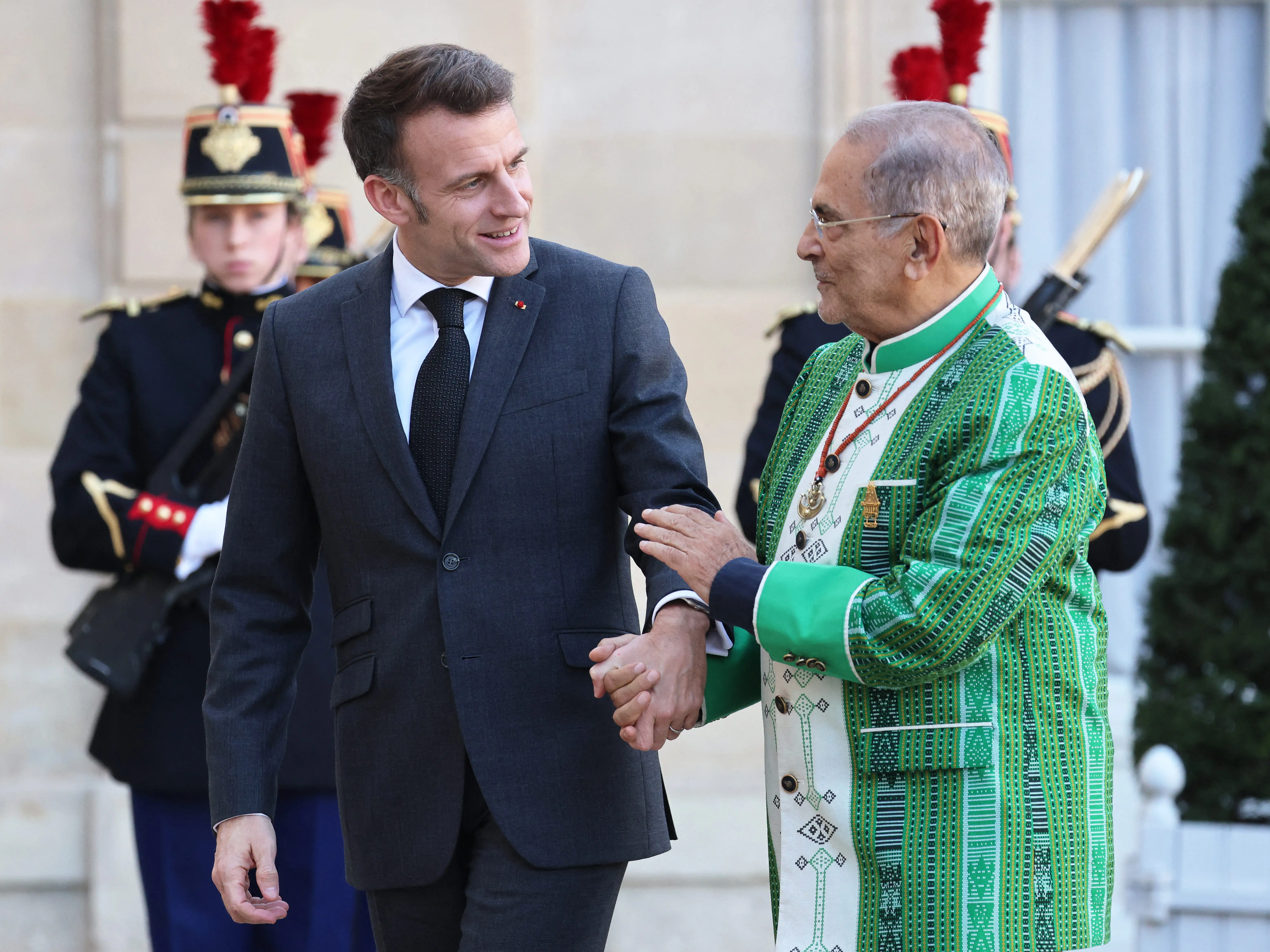 France's President Emmanuel Macron (L) talking to East Timor's President Jose Ramos-Horta in France.