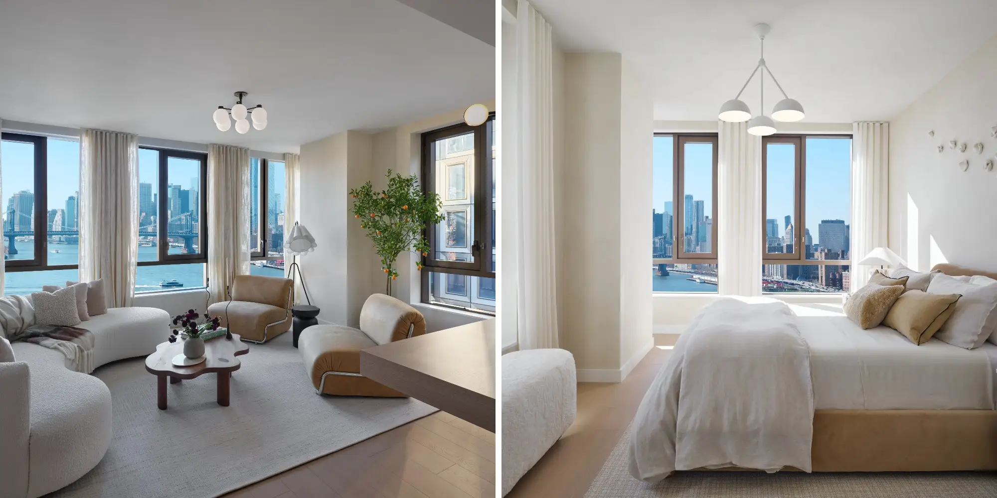Two side-by-side images of the interior of a condo in a NYC apartment. First photo is a living room with white furniture overlooking the city. The second photo is a bedroom with a large white bed and an open window with the Brooklyn skyline in the background.